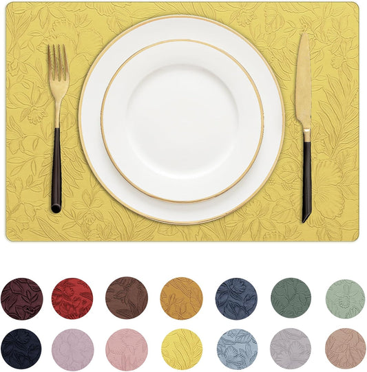 Romanstile Vinyl Placemats Set of 6-12 X 18 Inch - Heat Resistant Non-Slip Embossed Floral Place Mats 100% Waterproof Oilproof Wipeable Faux Leather Table Mats for Kitchen/Dining/Party, Yellow