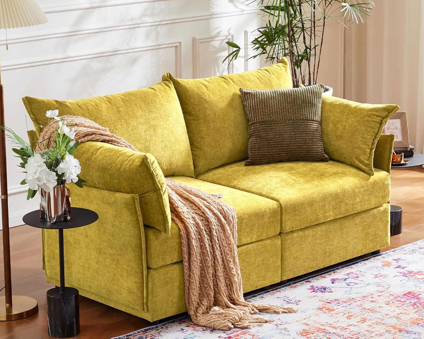 Oversized Loveseat Sofa, Modern Modular Sectional Couch Yellow Fluffy Chenille Mid Century 2-Seat 24.5" Deep Seat for Apartment, Living Room, Bedroom