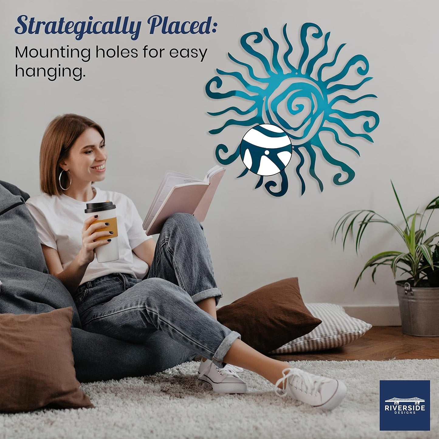 Riverside Designs Wacky Sun Metal Wall Art Indoor/Outdoor Decor - 24" Teal Rust Proof Wall Sculpture - Made in USA - Ideal for Bedroom, Garden, Home, Patio and Farmhouse