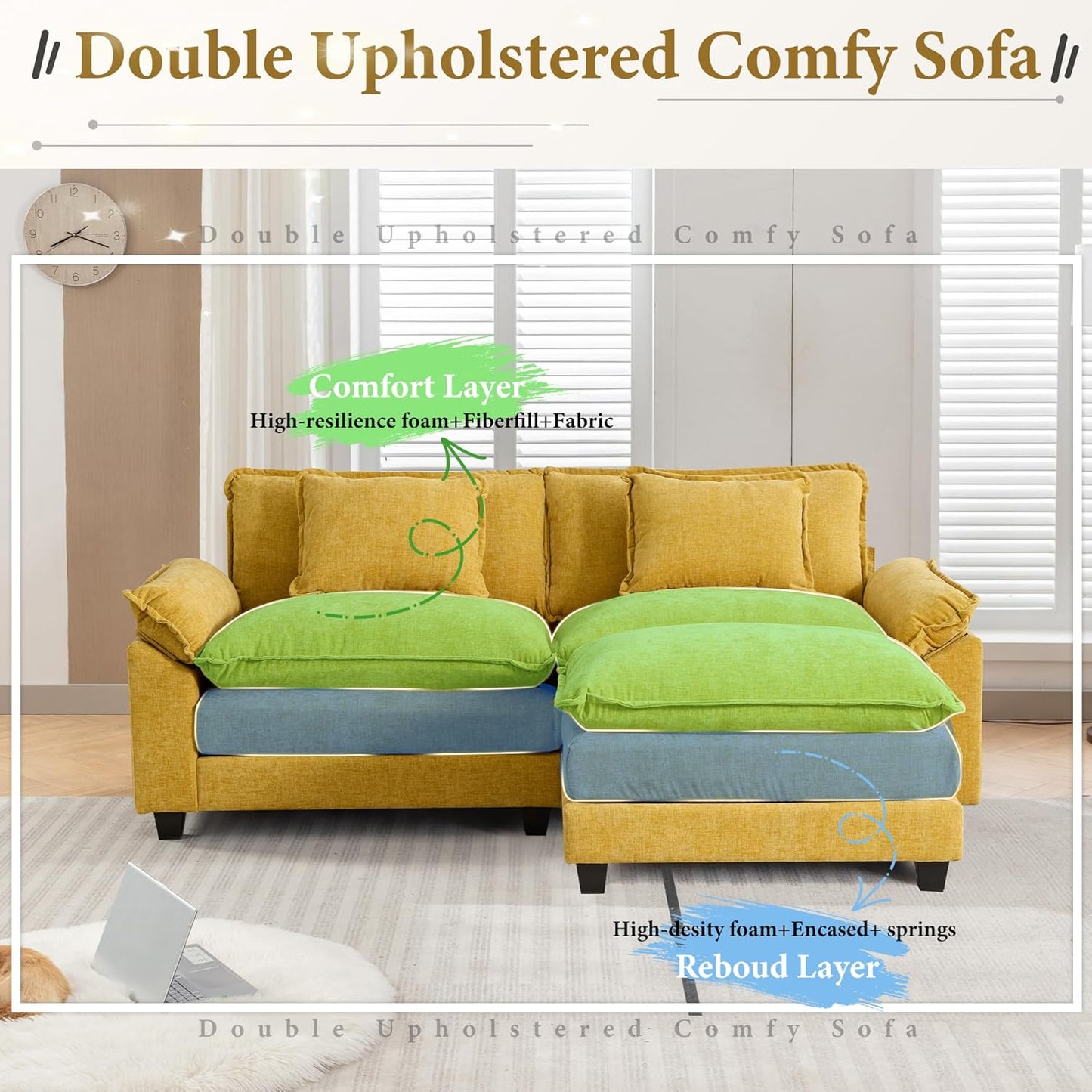 URRED Modular Sectional Sofa Comfy Cloud Couch, Modern Chenille Sofa Sleeper Deep Seat Couches with Ottoman/Pillows for Living Room (Yellow, 82.6''- L Shape)