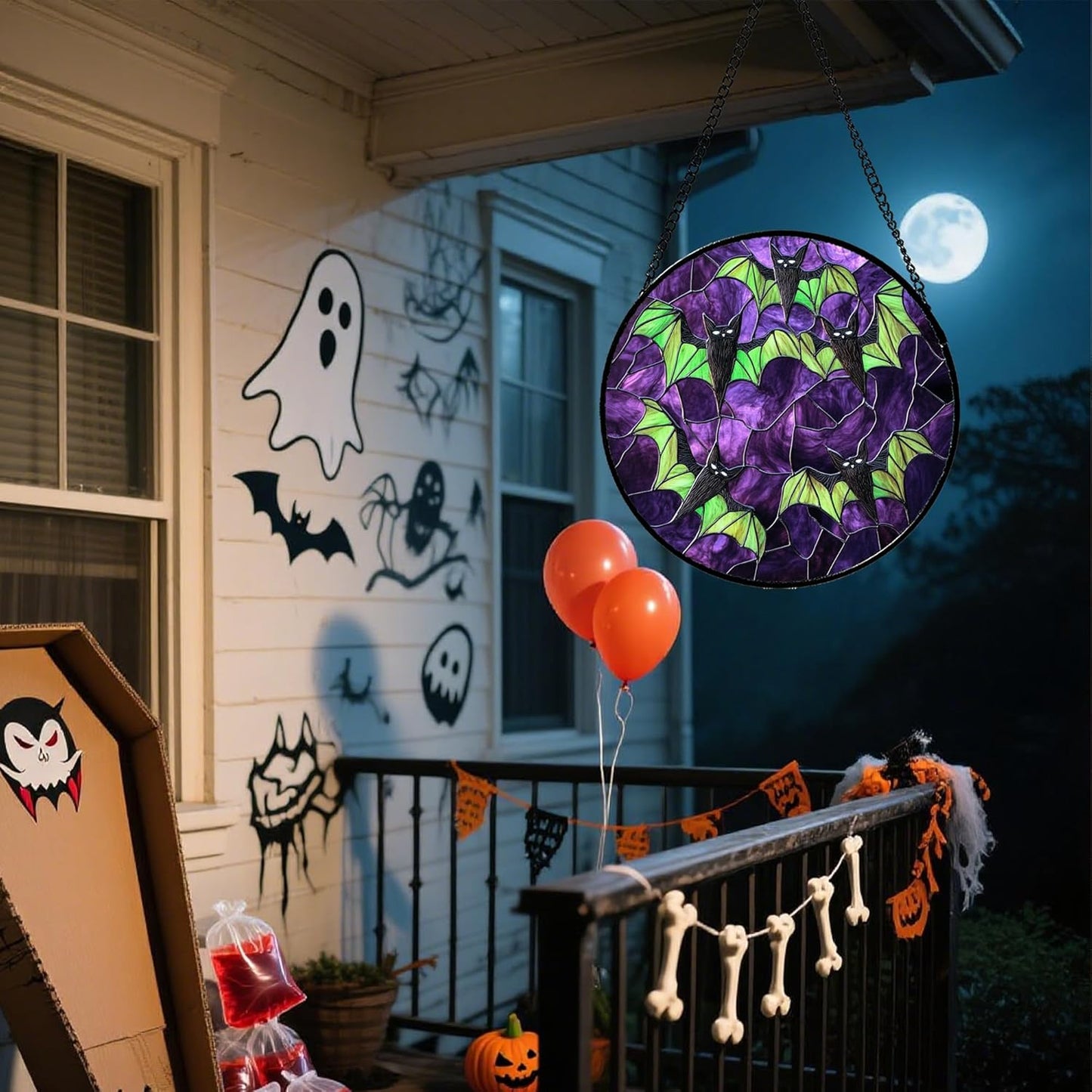 Stained Glass Window Hanging - Halloween Decorations Black Bat with Green Wings Suncatcher for Doors Garden Indoor Spooky Sun Catchers Gothic Decor Horror Gifts for Women Men Friend 6.3 in