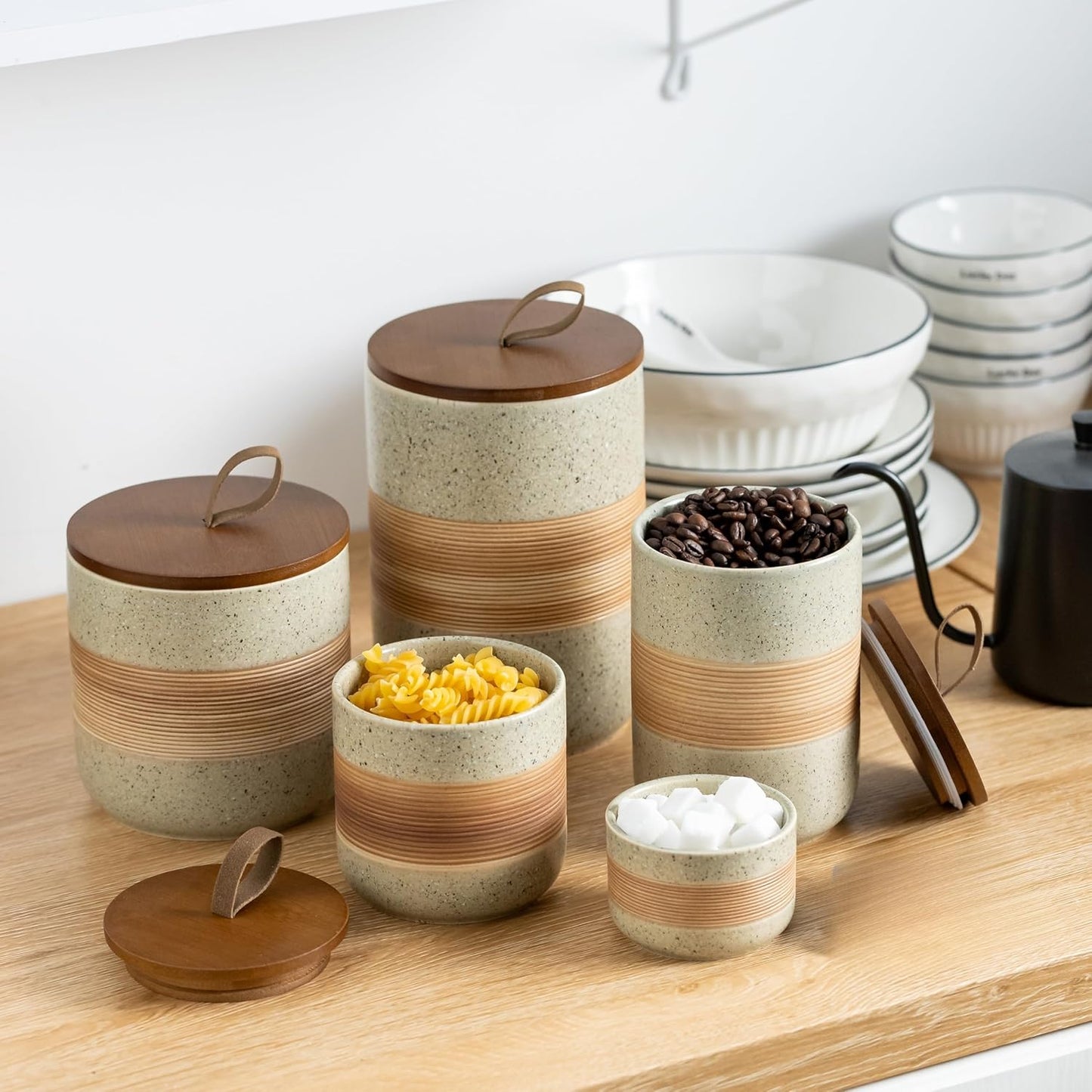 Large Storage Containers with Lids, Ceramic Coffee Container Kitchen Food Storage Jars for Spice Sugar Tea Bag, Stackable Decorative Jars for Counter, 61oz