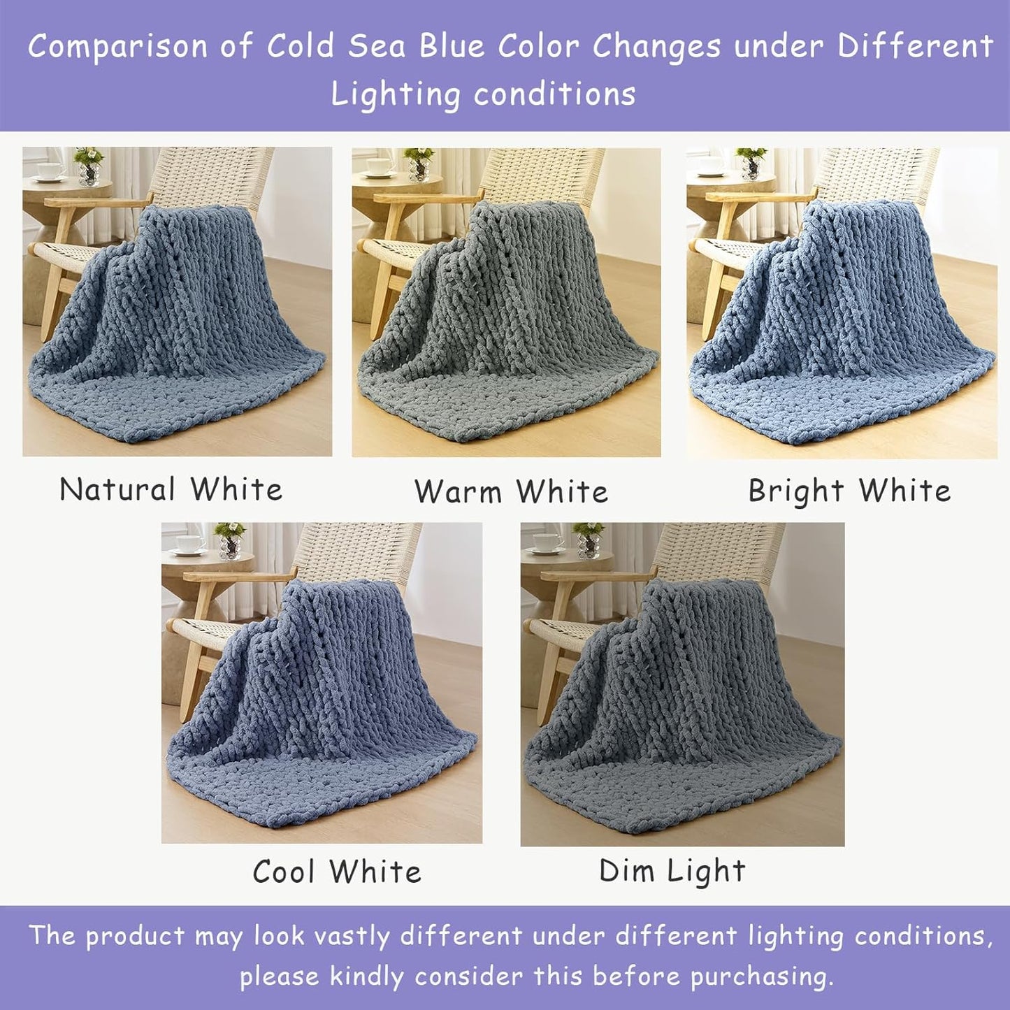 Bigacogo Chunky Knit Throw Blanket for Couch, 40x40 inches, 100% Hand Knitted with Thick Jumbo Chenille Yarn, Cozy Soft Large Rope Knot Cable Crochet Blankets for Sofa Bed Living Room, Cold Sea Blue