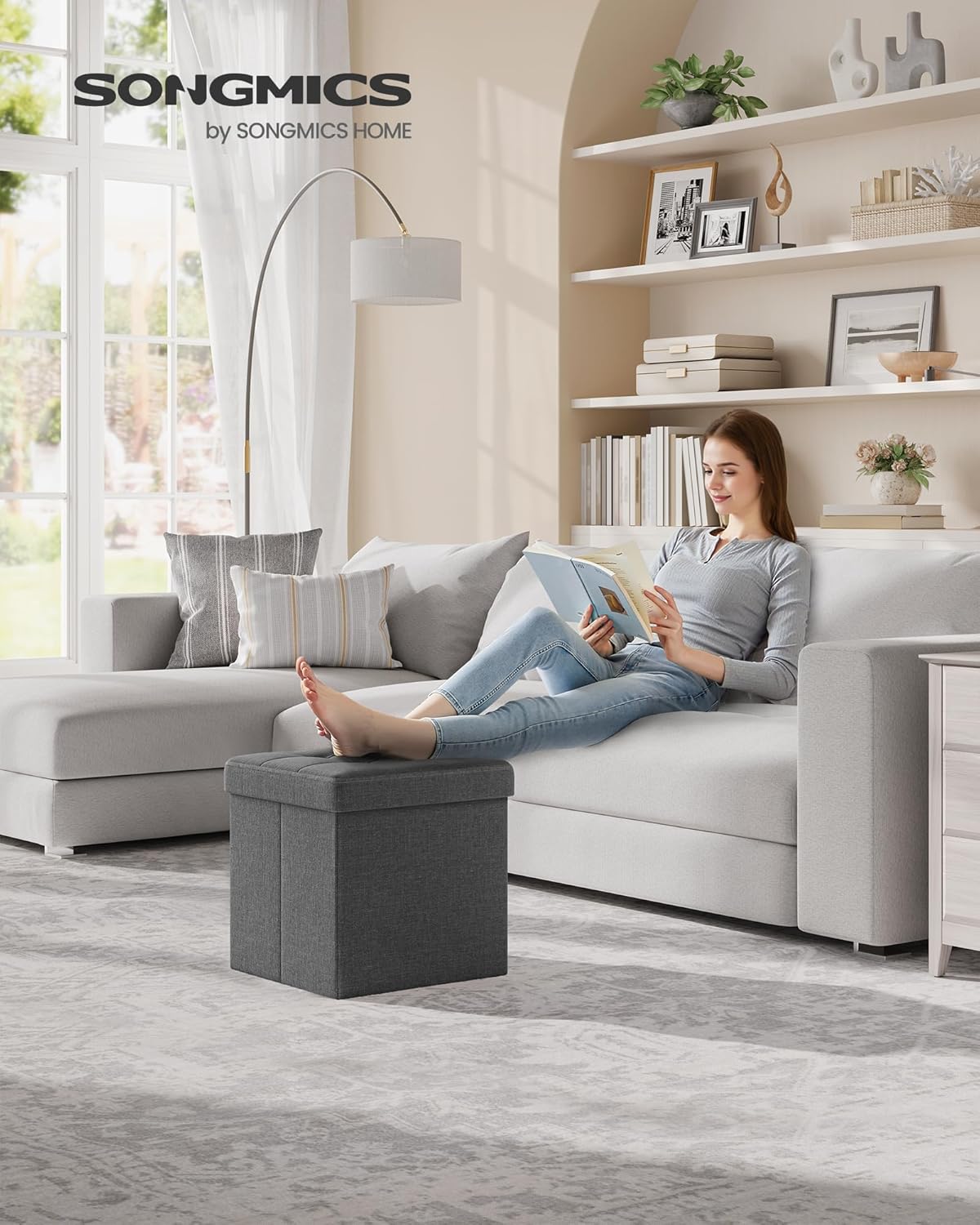 SONGMICS Folding Storage Ottoman Bench，38 x 38 x 38 cm， Ottoman Foot Rest, End of Bed Bench, Storage Chest, Load 300 kg, for Living Room, Bedroom, Entryway, Dorm, Dark Gray ULSF27Z