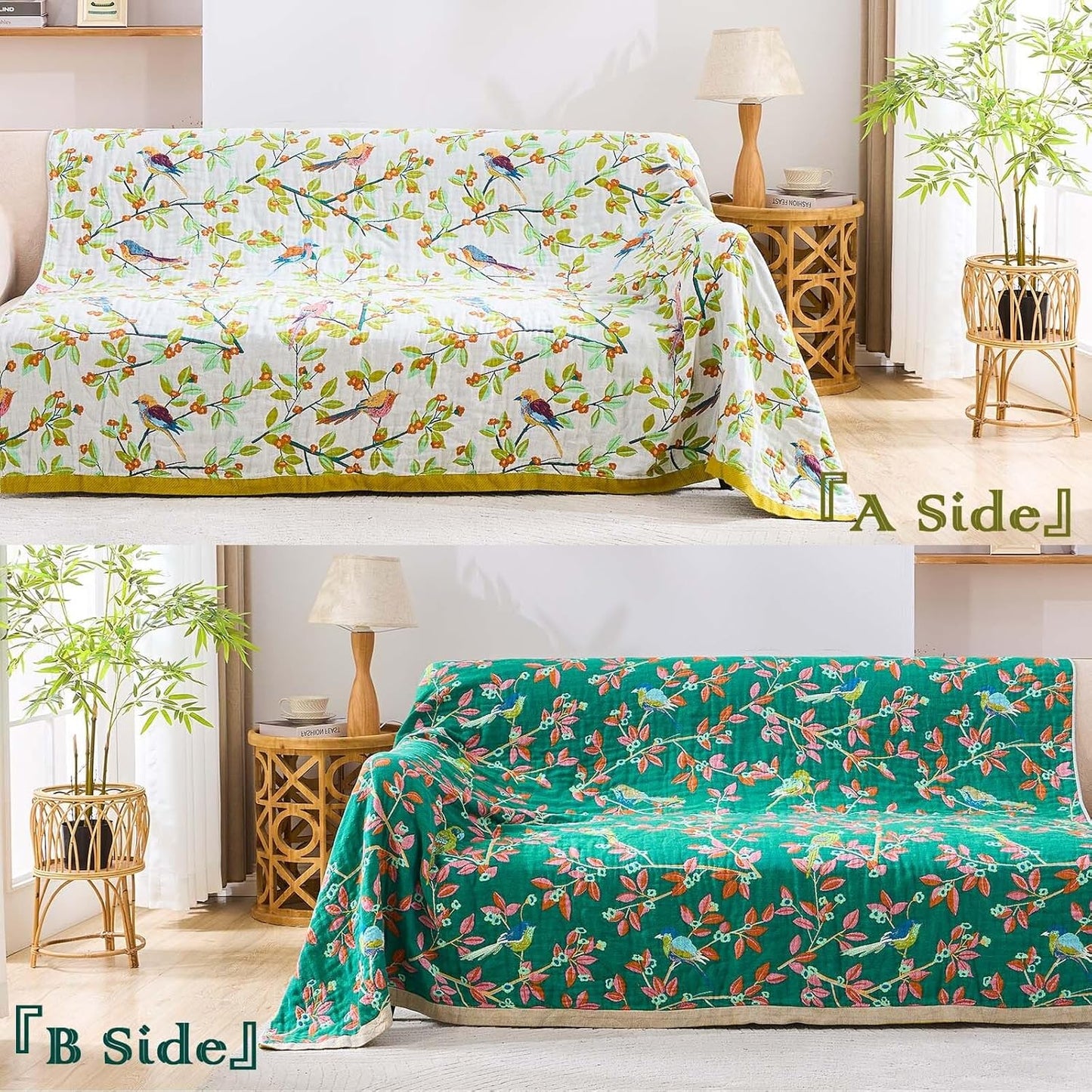 Boho Throw Blanket for Bed, 100% Cotton Soft Rustic Quilt Fall Blanket, 60"x80" Floral Printed Farmhouse Decor Bed Blankets, All Season Rustic Reversible Bohemian Throw Quilt