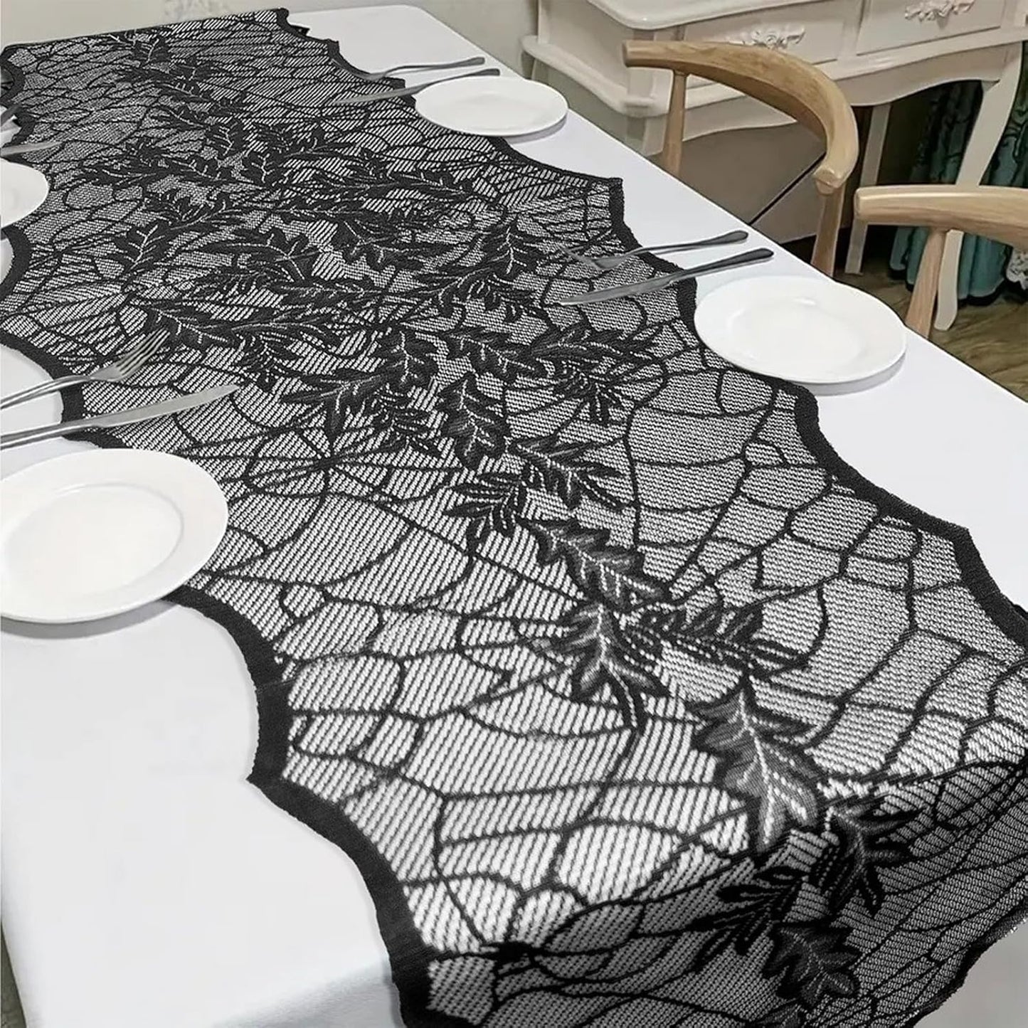 Fall Decorations Table Runner - Black Lace Maple Leaves Table Runners for Autumn Table Decor, 20*75 Inch Halloweens Lace Table Runner for Halloweens Party Home Kitchen Dinner Decoration Indoor