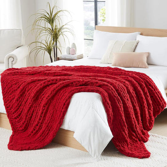 L'AGRATY Chunky Knit Blanket Throw - Soft Chunky Throw Blanket 40x50: 100% Hand Kintted Chenile Crochet Blanket Large Cable Knit Chunky Blanket - Rope Knot Throw Blanket for Couch Home Decor(Red)