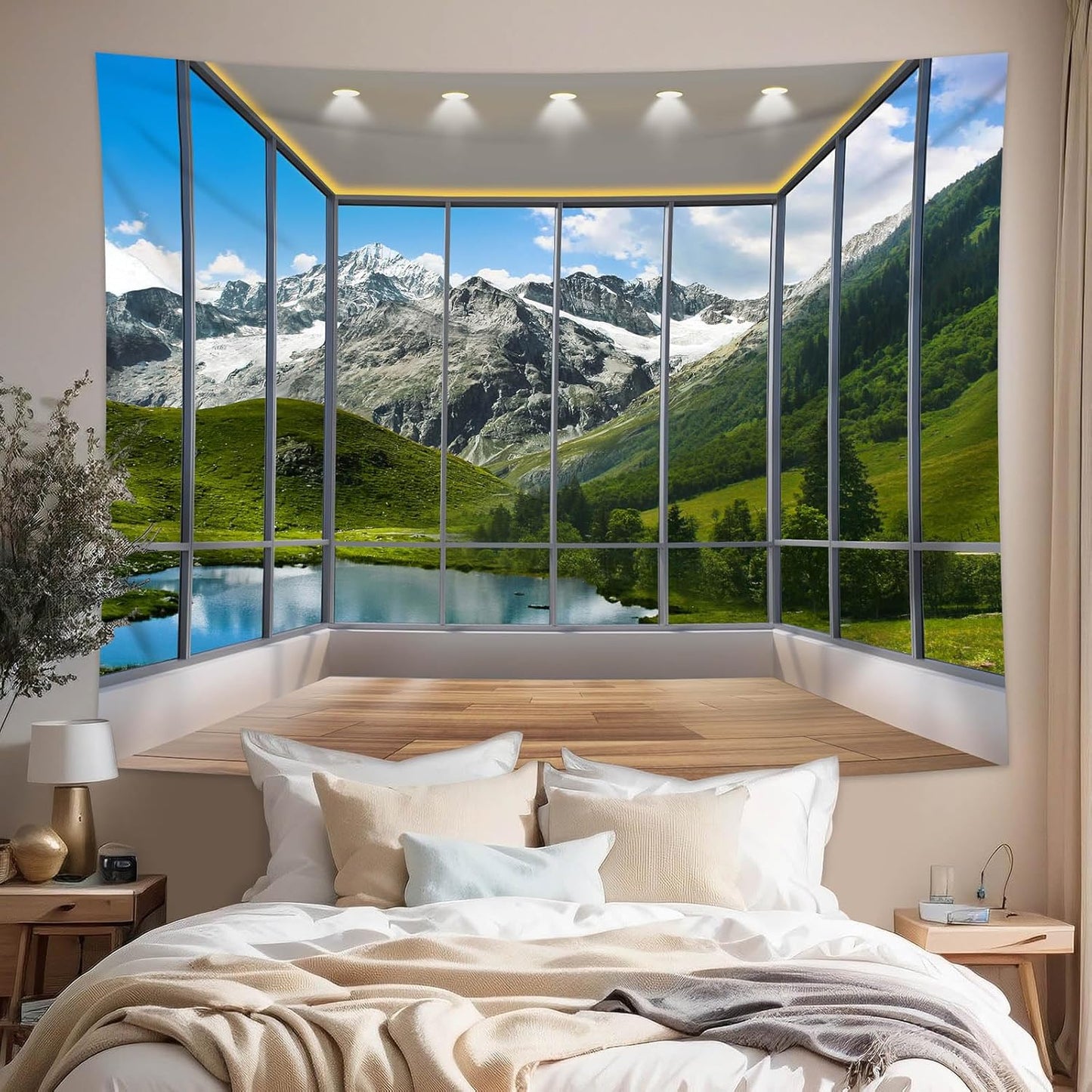 dueeia Window Tapestry Wall Hanging Mountain Forest Lake Nature Landscape Wall Tapestries for Bedroom Office Living Room Wall Decor (28.7"x37.4")