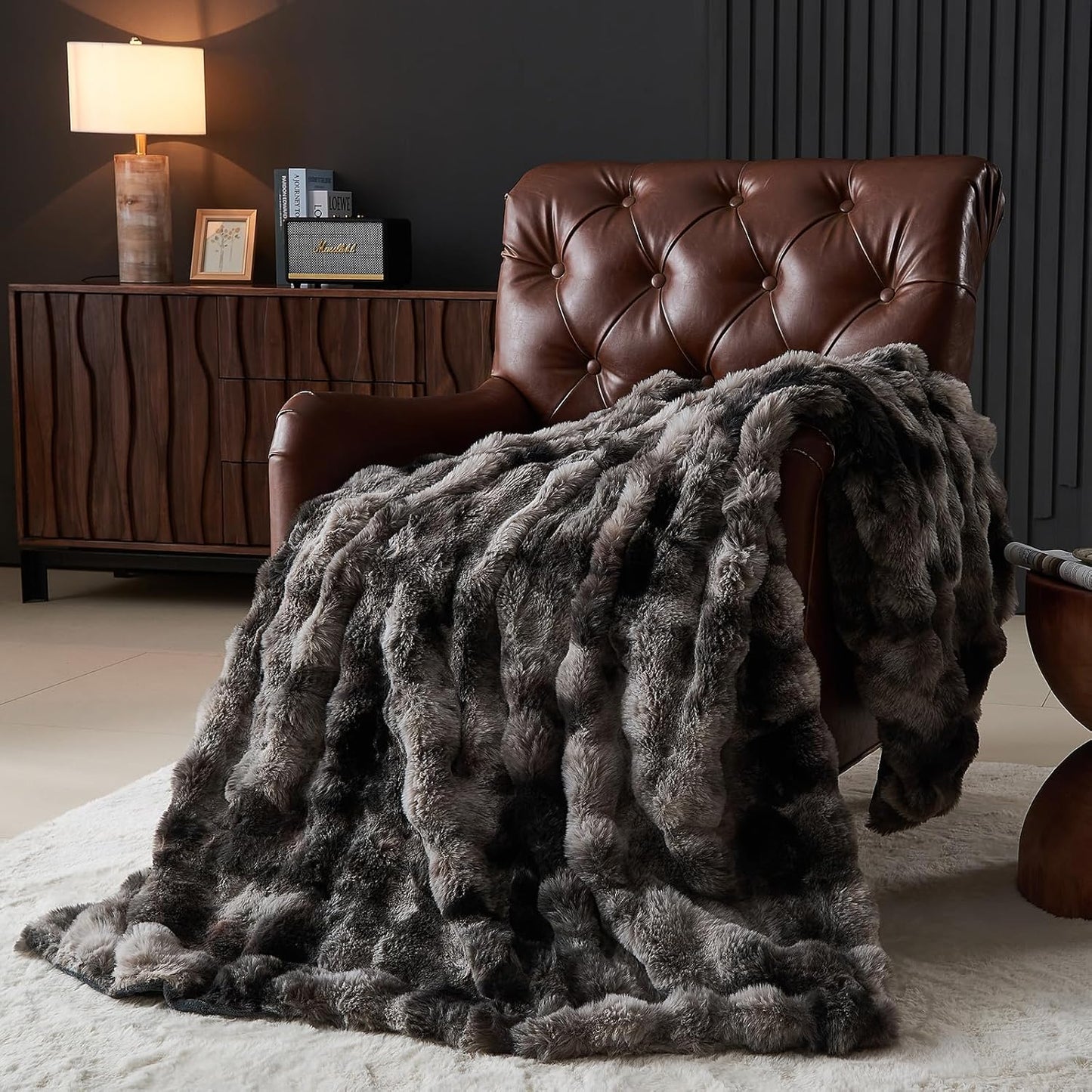 Lotus Karen Faux Fur Throw Blanket Tie-Dye Dark Gray - Big Bubble Rabbit Fluff Blanket for Couch, Small Fluffy Fuzzy Cozy Blanket, Thick Furry Plush Shaggy Blankets, 50x60 Inches