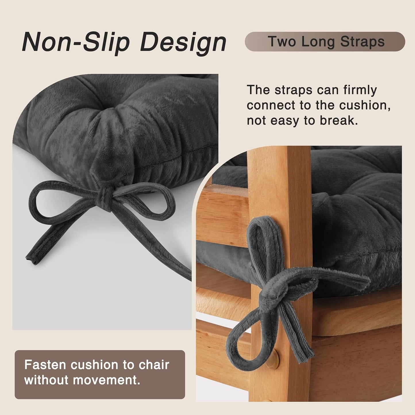 OVOV Chair Cushions for Dining Chairs Set of 6 Tufted Indoor Chair Pads with Ties Soft Square Seat Cushions for Kitchen Chairs 15.5"x15.5",Dark Grey