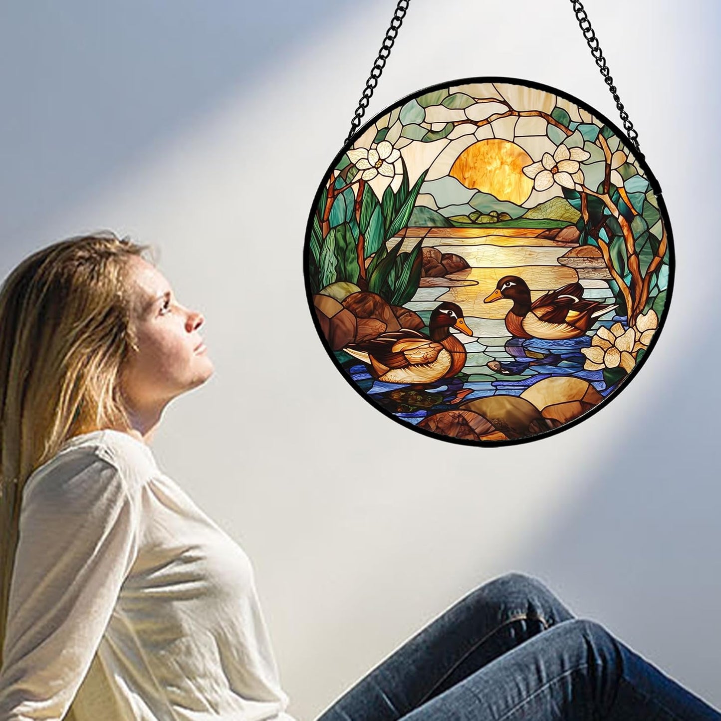 Stained Glass Window Hanging, Ducks in The Pond Sun Catcher for Door Home Decor Landscape Plant Suncatcher Christmas Mother's Day Birthday Gifts for Women Men Mom Nana 15 in