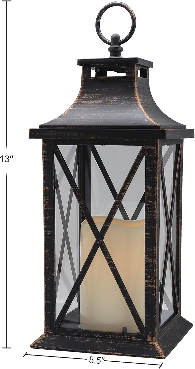 YAKii 14" Decorative Candle Lantern LED Flameless Candle Timer, Plastic LED Candle & Holder, Indoor & Outdoor Hanging Lights,Christmas Day Decoration (Antique Copper Brushed)