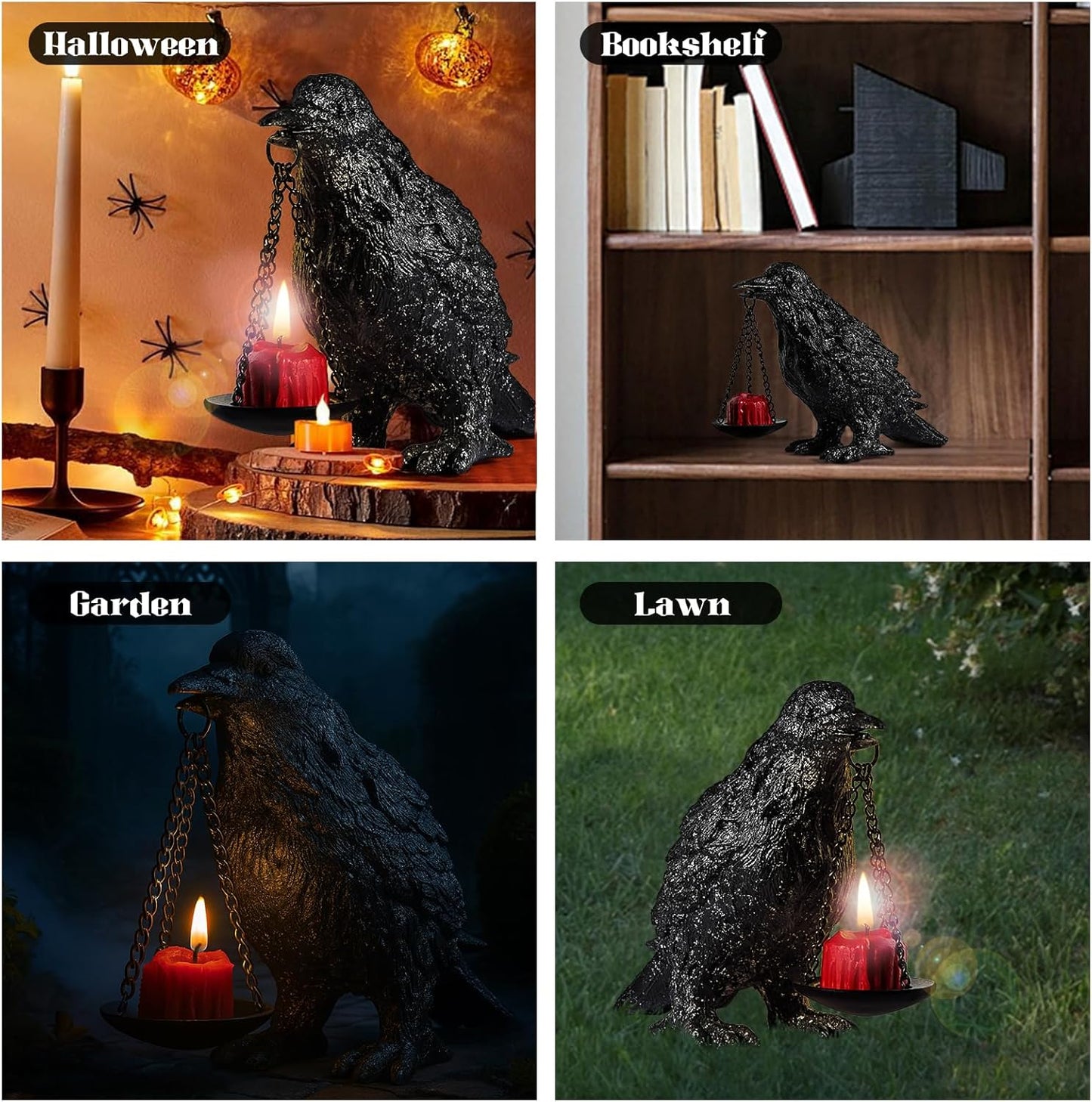 Gothic Crow Lamp Tealight Candle Holder Raven Statue for Indoor Outdoor Decor Halloween Garden Resin Statue Black Stone