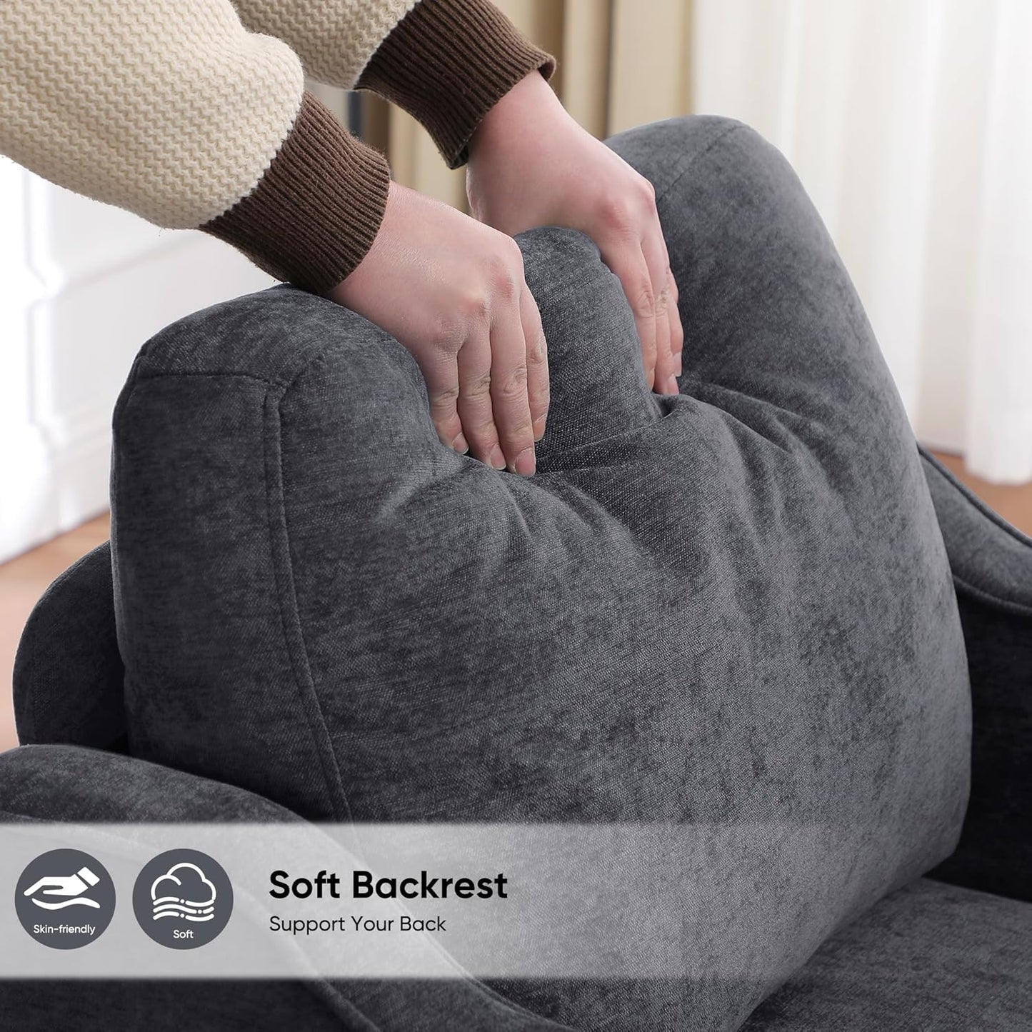 Accent Chairs Set of 2, Upholstered Living Room Chairs with Side Pockets, Mid Century Modern Reading Chair for Bedroom, Comfy Armchair Single Sofa Side Chair for Office, Small Room, Dark Grey