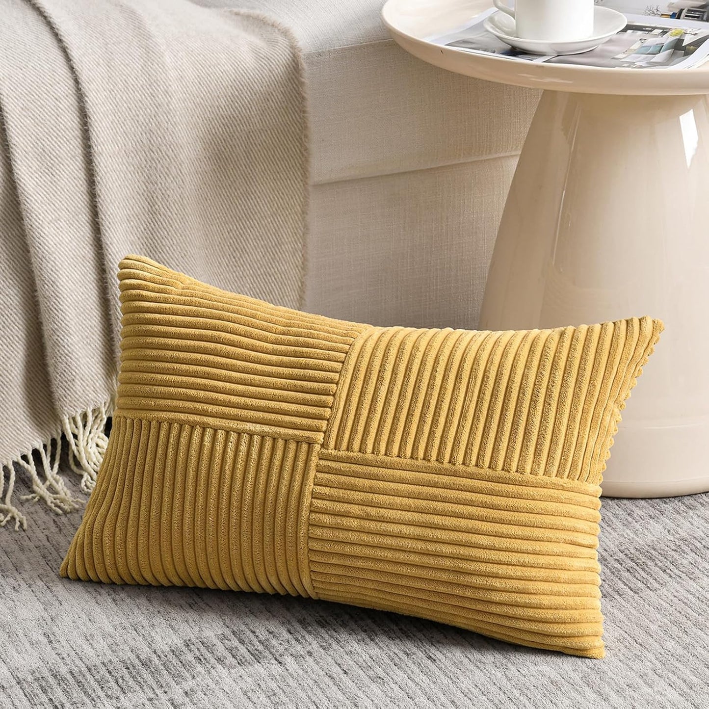 Fancy Homi 2 Packs Mustard Yellow Lumbar Decorative Throw Pillow Covers 16x32 Inch for Living Room Couch Bed, Rustic Farmhouse Boho Home Decor, Soft Striped Corduroy Rectangle Accent Cushion Case