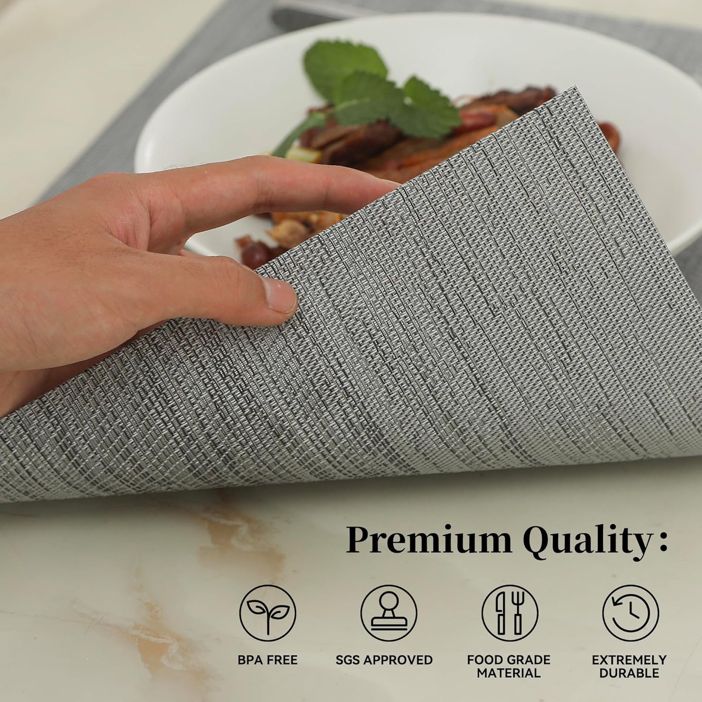 Leetaltree Grey Placemats, Heat Resistant Non-Slip Place mats for Dining Table, Washable Durable PVC Vinyl Woven Table Mats (Set of 24)