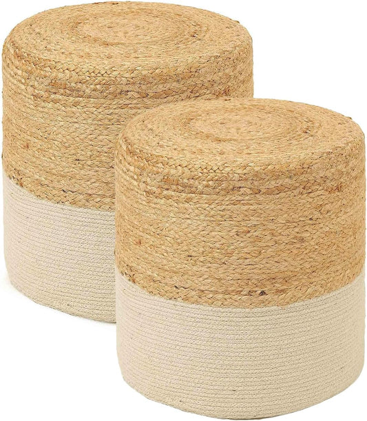 REDEARTH · Cylindrical Pouf Foot Stool Ottoman - Jute Braided Accent Sitting Footrest for The Living Room, Bedroom, Nursery, Patio, Lounge Set of 2 (14.5”x14.5”x16”; Natural Ivory)