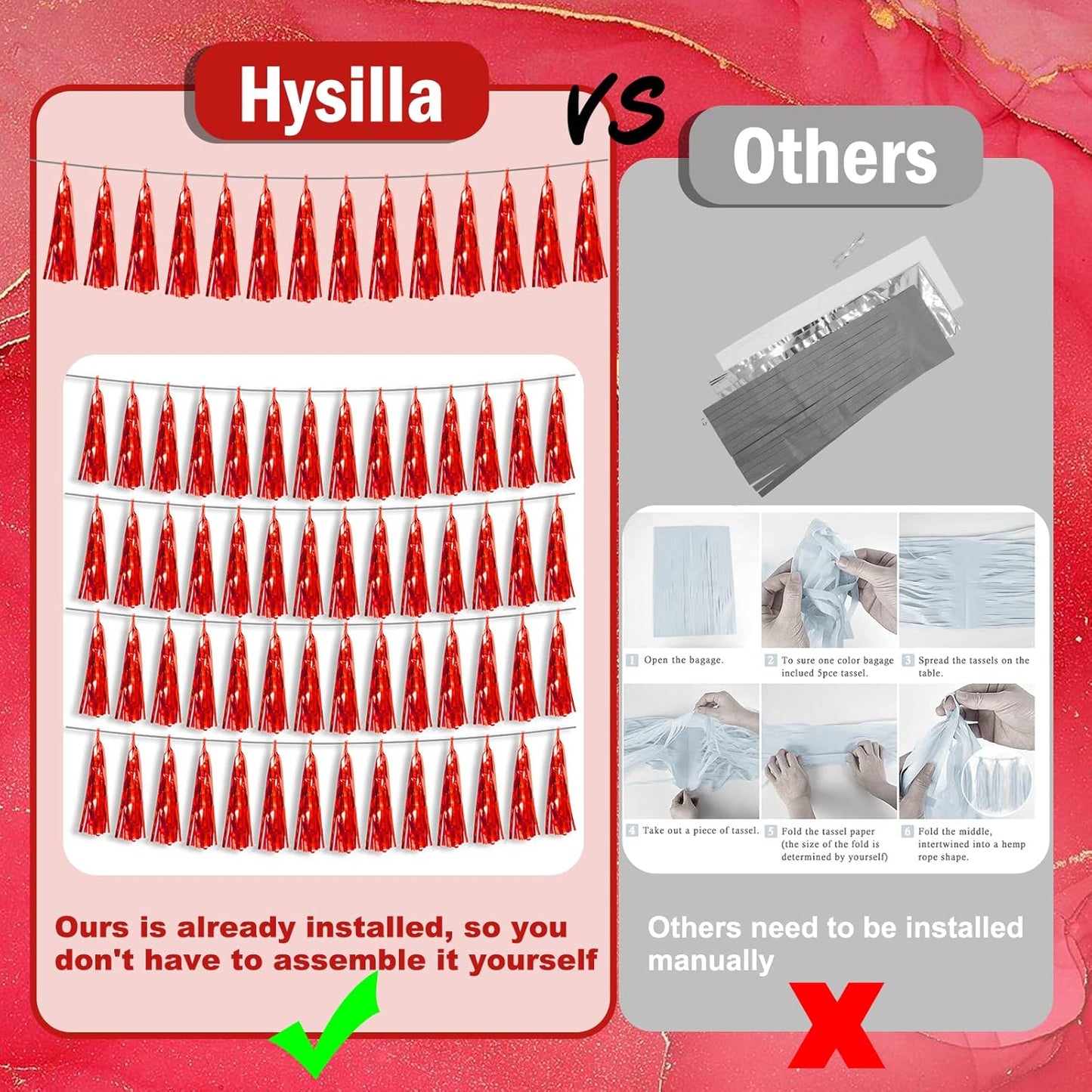 3P Red Foil Fringe Metallic Tassel Streamers Banner Tassel Garland for Parade Floats, Bachelorette, Wedding, Birthday, Halloween, Christmas, Bridal/Baby Shower Party Decorations