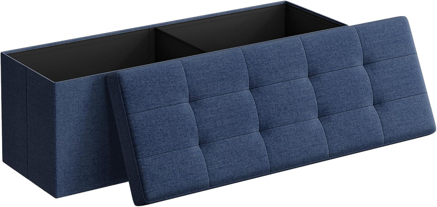 SONGMICS MAZIE Collection - 43 Inches Folding Storage Ottoman Bench, Ottoman Foot Rest, End of Bed Bench, Storage Chest, Load 660 lb, for Living Room, Bedroom, Entryway, Midnight Blue ULSF77IN