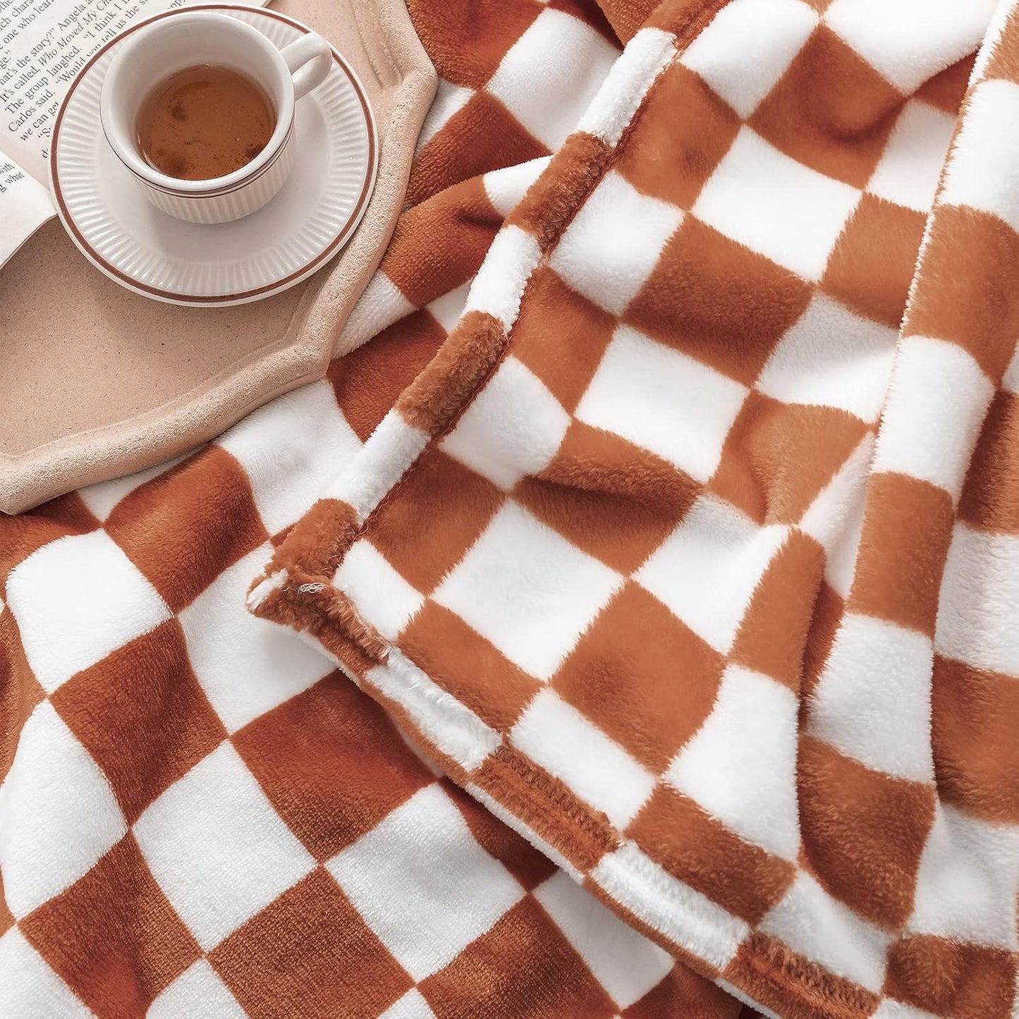 LOMAO Throw Blankets Flannel Blanket with Checkerboard Grid Pattern Soft Throw Blanket for Couch, Bed, Sofa Luxurious Warm and Cozy for All Seasons (Maple Brown, 90"x90")