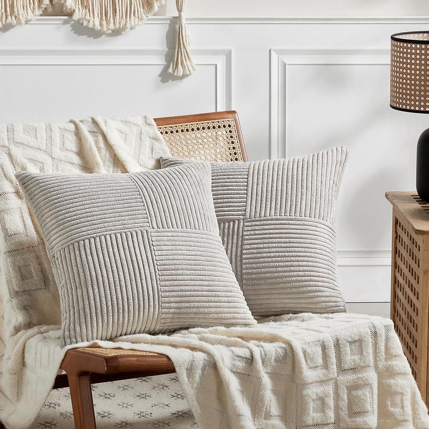 Fancy Homi 2 Packs Neutral Grey Euro Decorative Throw Pillow Covers 26x26 Inch for Couch Bed Sofa, Rustic Farmhouse Boho Home Decor, Soft Corss Corduroy Patchwork Textured Square Cushion Case 66x66 cm