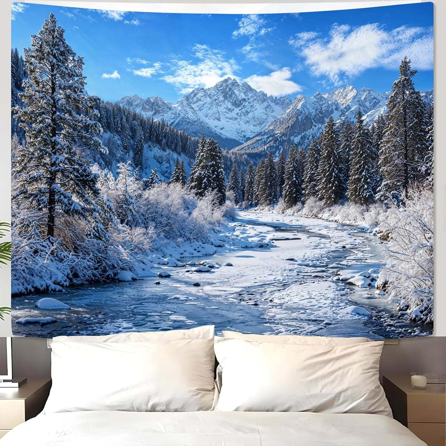 AMM Winter Forest Snow Mountain Tapestry Snowy Pine Tree Woodland Tapestry for Bedroom Aesthetic White Clouds Flowing River Landscape Tapestries Wall Hanging for Living Room Dorm Office 48 x 36 Inch