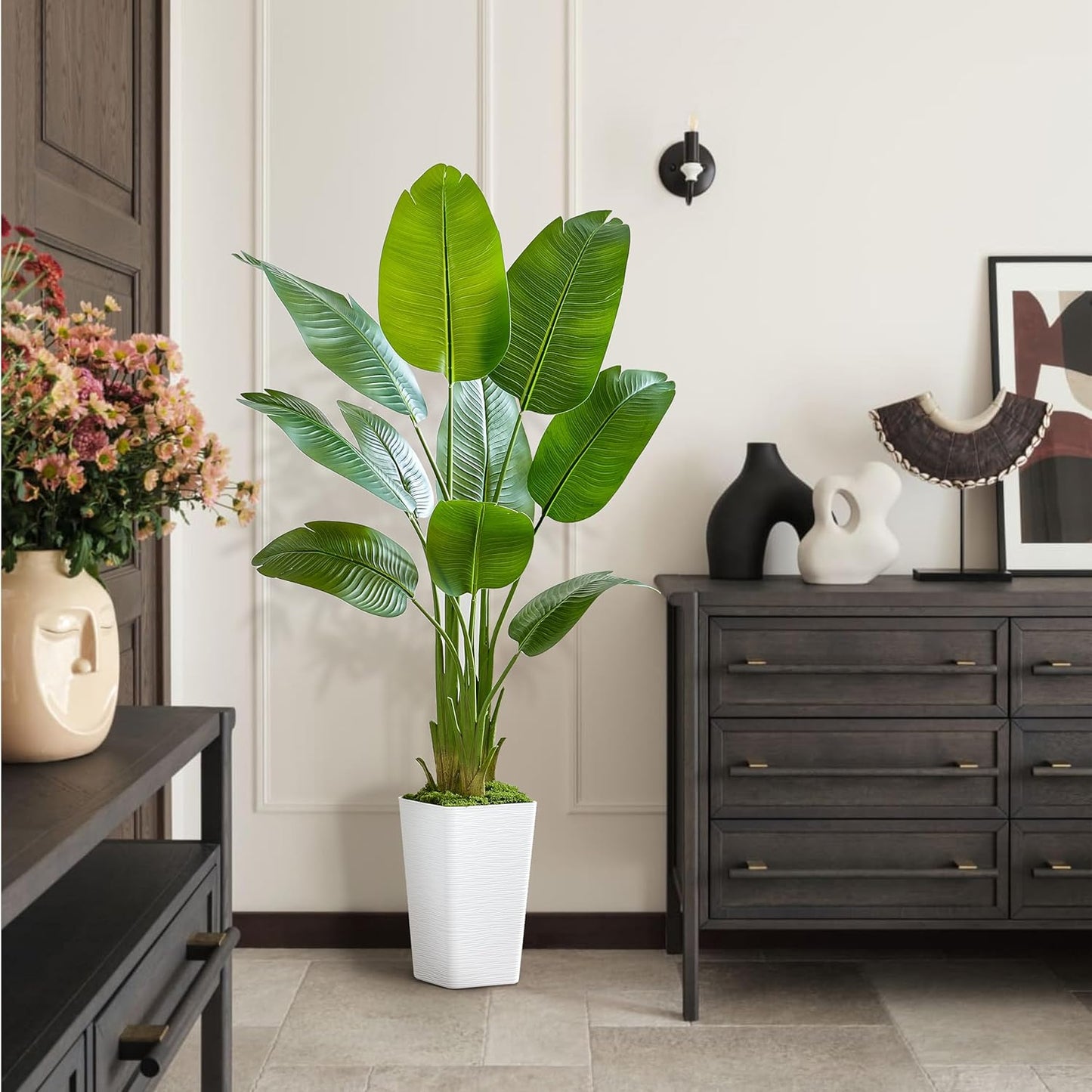 Lifelike Bird of Paradise Silk Artificial Plant Faux Banana Leaf Tree for Home Decor - Perfect Indoor Floor Plant with 9 Trunks (1, White Tall Planter, 5 FT)