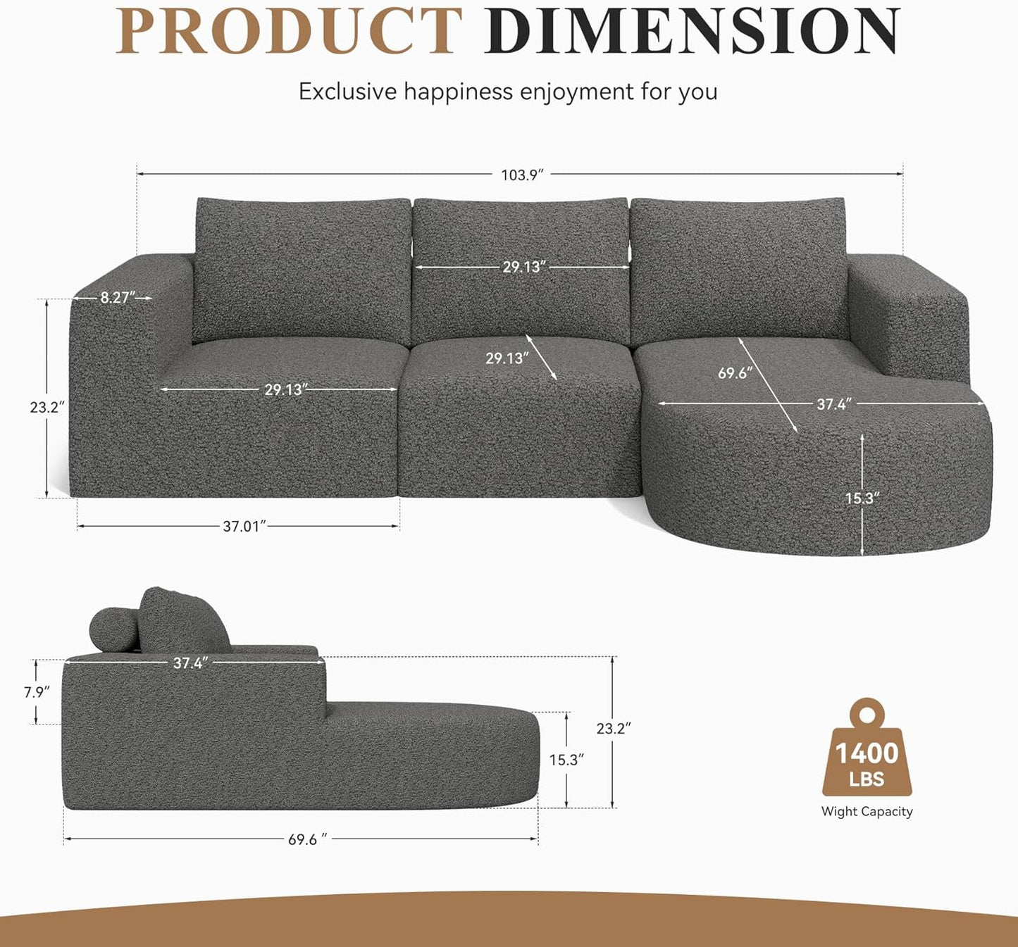 Modular Sectional Sofa with L-Shape Chaise,Cloud Sectional Modern Sleeper Couch with Deep Seat,Sponge Compression Sofas No Assembly Required(Gray-Corduroy Fabric) 1PCS