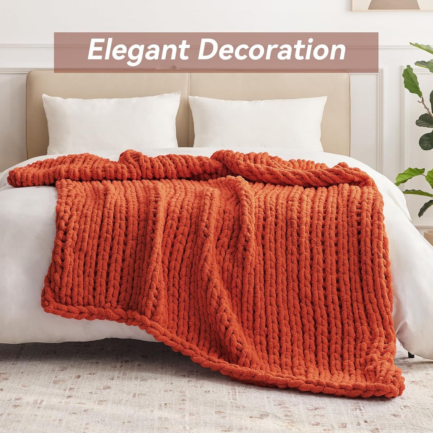 Chunky Knit Throw Blanket, 40''*50'' Fall Throw Blanket Knitted Chenille Yarn for Bed Couch, Handmade Orange Crochet Big Thick Blanket, Machine Washable Cute Comfy Blankets for Home Decor