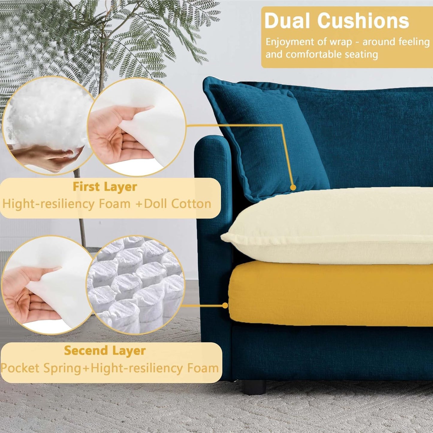 Sectional Sofa 3 Seater with Movable 2 Ottomans,Oversized Modular Couch Deep Seat (Blue, 111.5 inch-U)