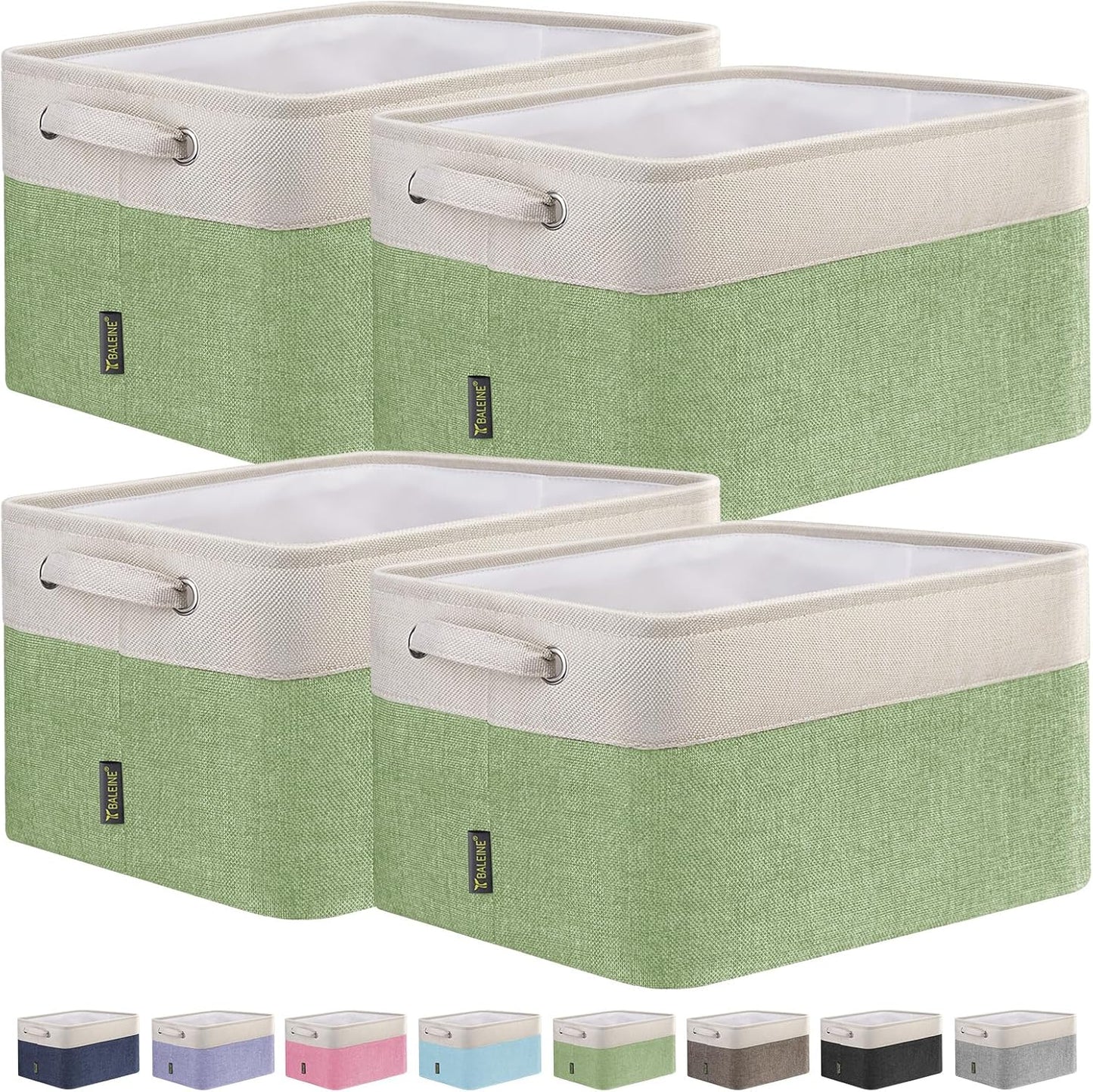 BALEINE 4 Pack Fabric Storage Bins for Shelves, Linen Storage Baskets for Organizing, Decorative Closet Bins for Clothes, Home (Green, 12"x8"x8")