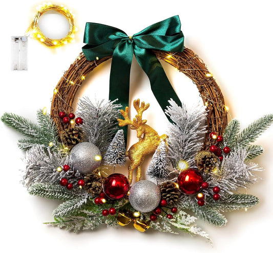 Christmas Door Wreath Lighted Xmas Wreaths - Walasis Winter Wreaths for Front Door Decor Outside Flocked Christmas Wreath Hanging with Lights for Wall