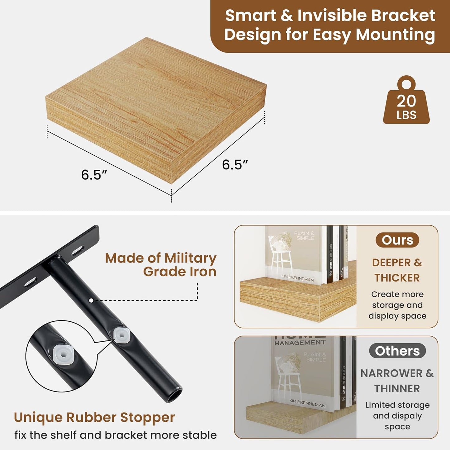 fuqing Floating Shelves for Wall, Bathroom Shelf Wall Mounted for Storage, Shelves with Invisible Bracket for Bedroom, Kitchen, Living Room, Farmhouse Small Book Shelf, 6.5 Inch Set of 3, Oak