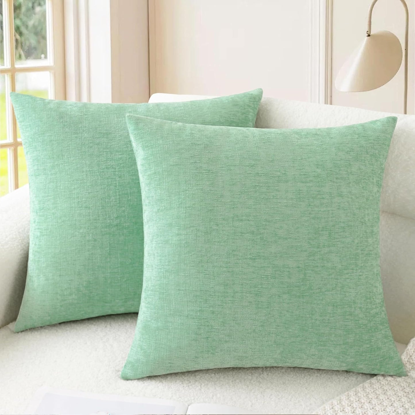 CaliTime Throw Pillow Covers Decorative 18 X 18 Inches Pack of 2 Cozy Chenille Cushion Cases for Couch Sofa Bed Living Room Home Grey Green