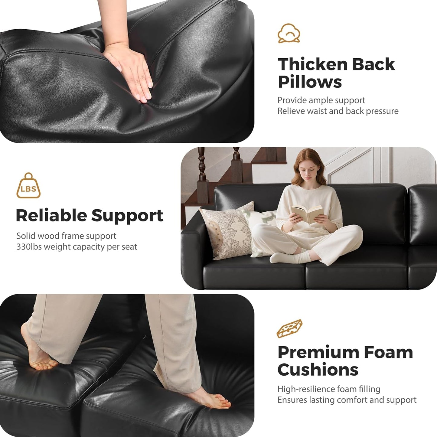 Faux Leather Oversized Accent Chair with Storage Deep Seat Single Sofa Large Reading Armchair for Living Room Bedroom Office Black