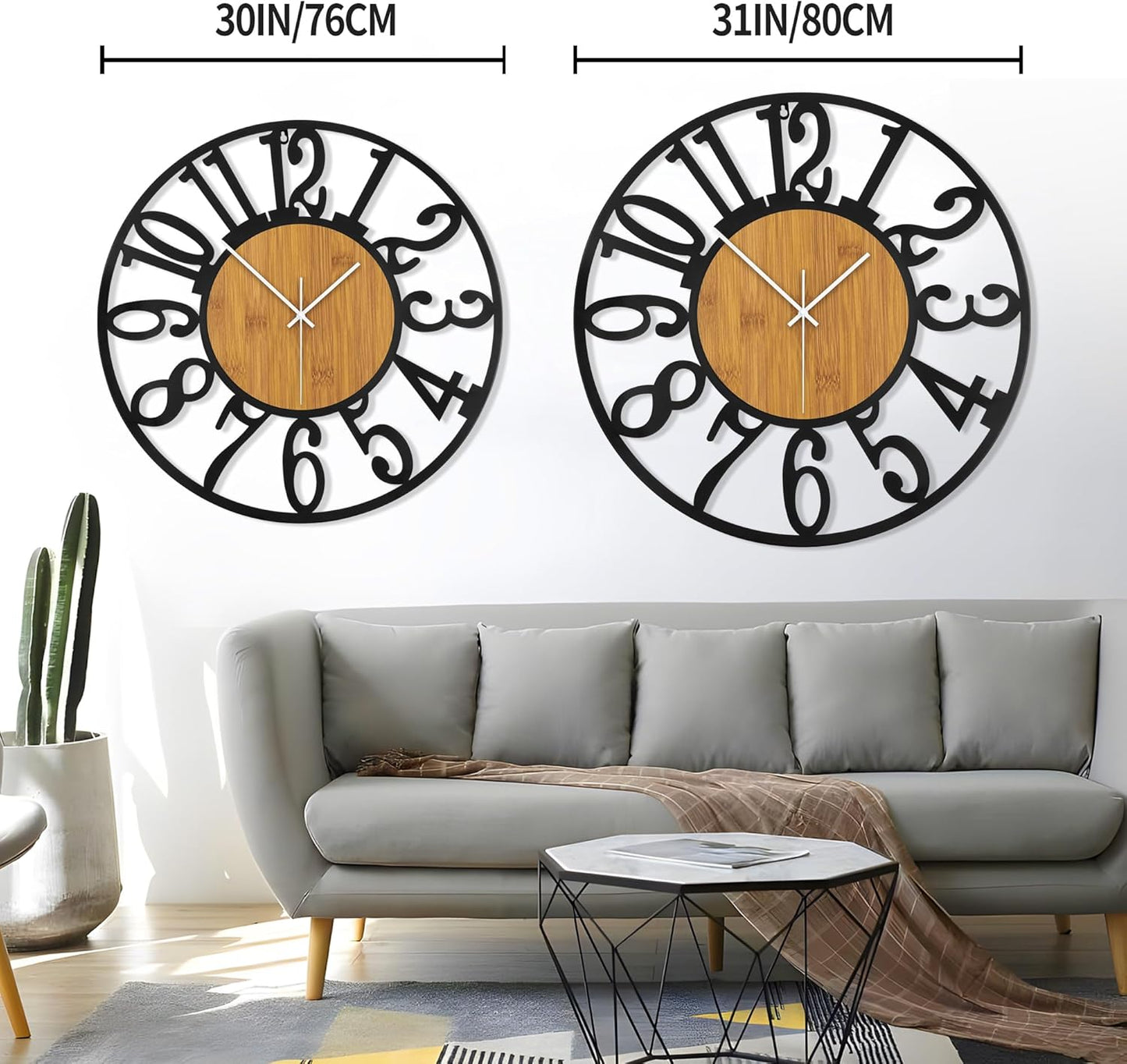 LEIKE 32" Oversized Large Wall Clocks,Silent,Non Ticking,Battery Operated Modern Round Big Wood Decorative Metal Wall Clock for Living Room, Bedroom,Kitchen,Farmhouse,Office Decor - Black,32 Inch