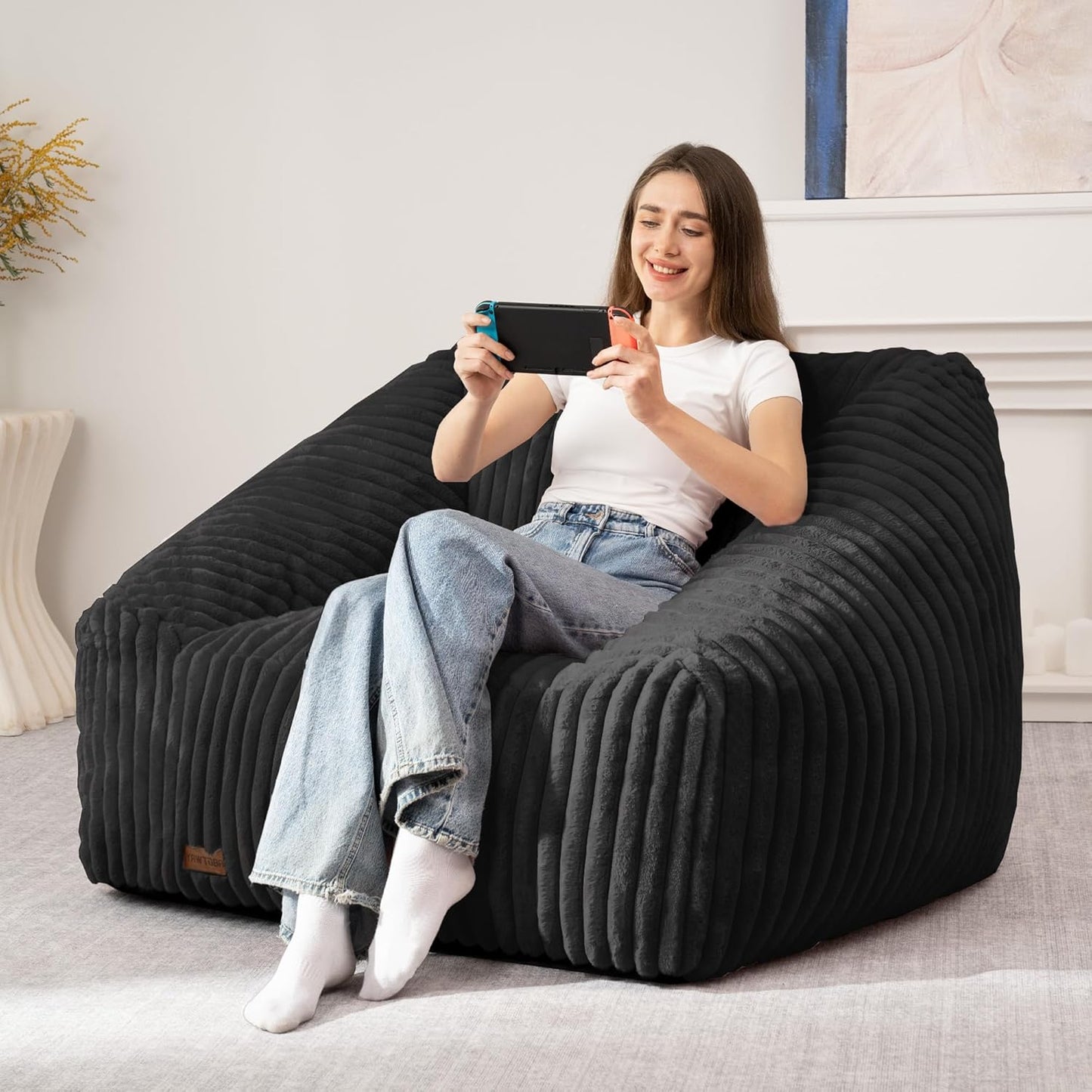 HABUTWAY Bean Bag Chair, Giant Bean Bag Chairs for Adults and Kids, Bean Bag Sofa, Lazy Floor Sofa, Faux Fur Beanbag Chair with Armrests for Living Room Bedroom (Black)