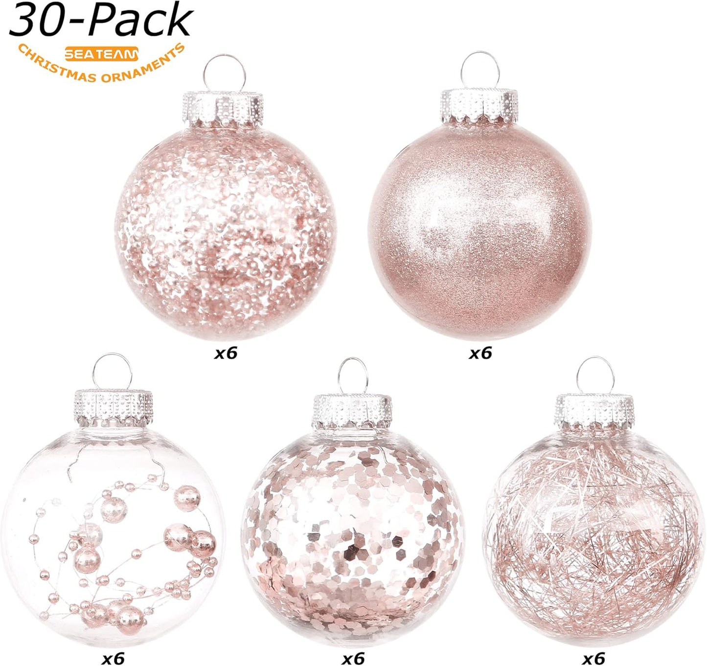 Sea Team Shatterproof Clear Plastic Christmas Ball Ornaments Decorative Xmas Balls Baubles Set with Stuffed Delicate Decorations (60mm/2.36''/30-Pack, Rose Gold)