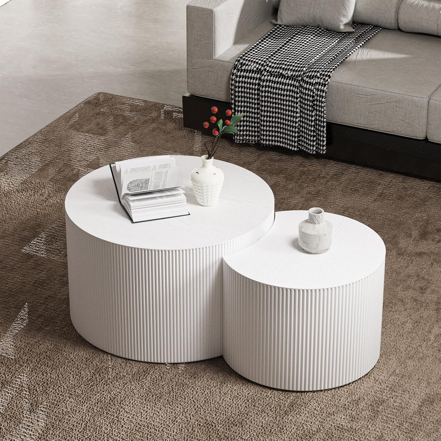 Round Nesting Coffee Table Set of 2 Handcraft Circle Fluted Nesting Coffee Tables Circular Side Table Drum Accent End Tables for Living Room Bedroom (White B Small)