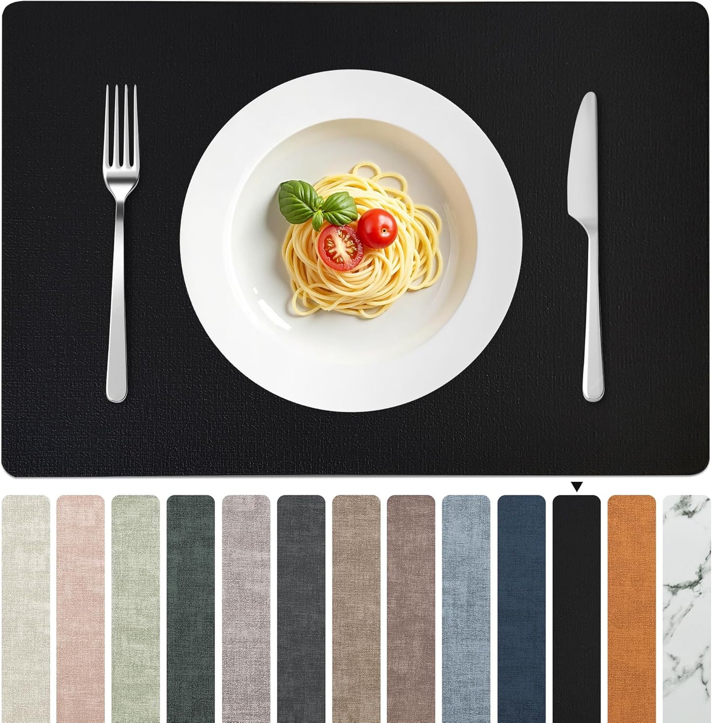 FROMHEART Faux Leather Placemats Set of 6–Waterproof,Heat/Oil Stain-Resistant PU Table Mat–Reversible,Non-Slip,Easy to Clean Place Mats for Kitchen,Dining,Indoor/Outdoor,(Black,11.8" x 17")