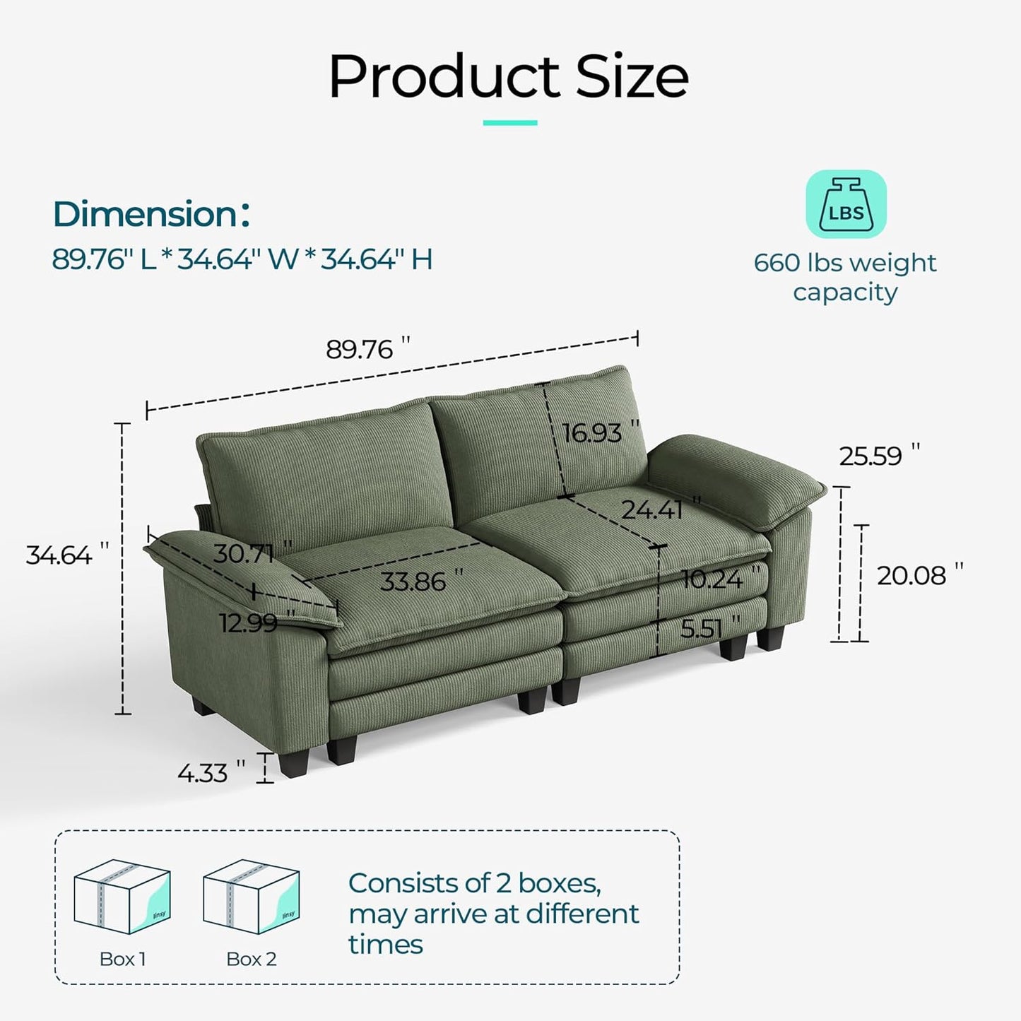 LINSY HOME Sectional Loveseat Sofa - 90'' Oversized Corduroy Cloud Couch Soft Modern Comfy Green Loveseat Couch Deep Seat Couches for Living Room Bedroom Apartment Office, Green