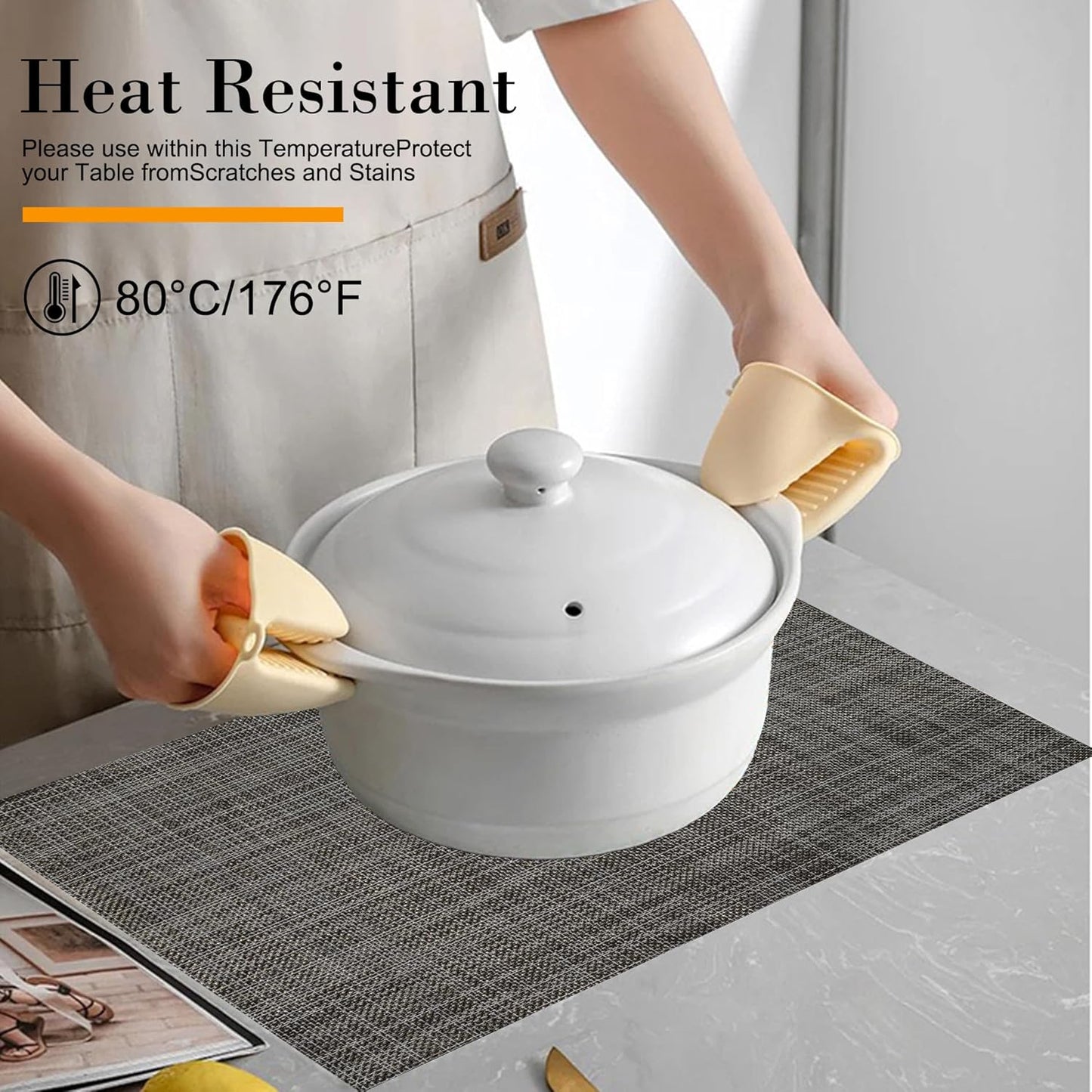 Placemats Set of 6 Washable Indoor/Outdoor Vinyl Place Mats for Dining Table Durable Non-Slip Heat Resistant PVC Weave Table Mats（Cappuccino）