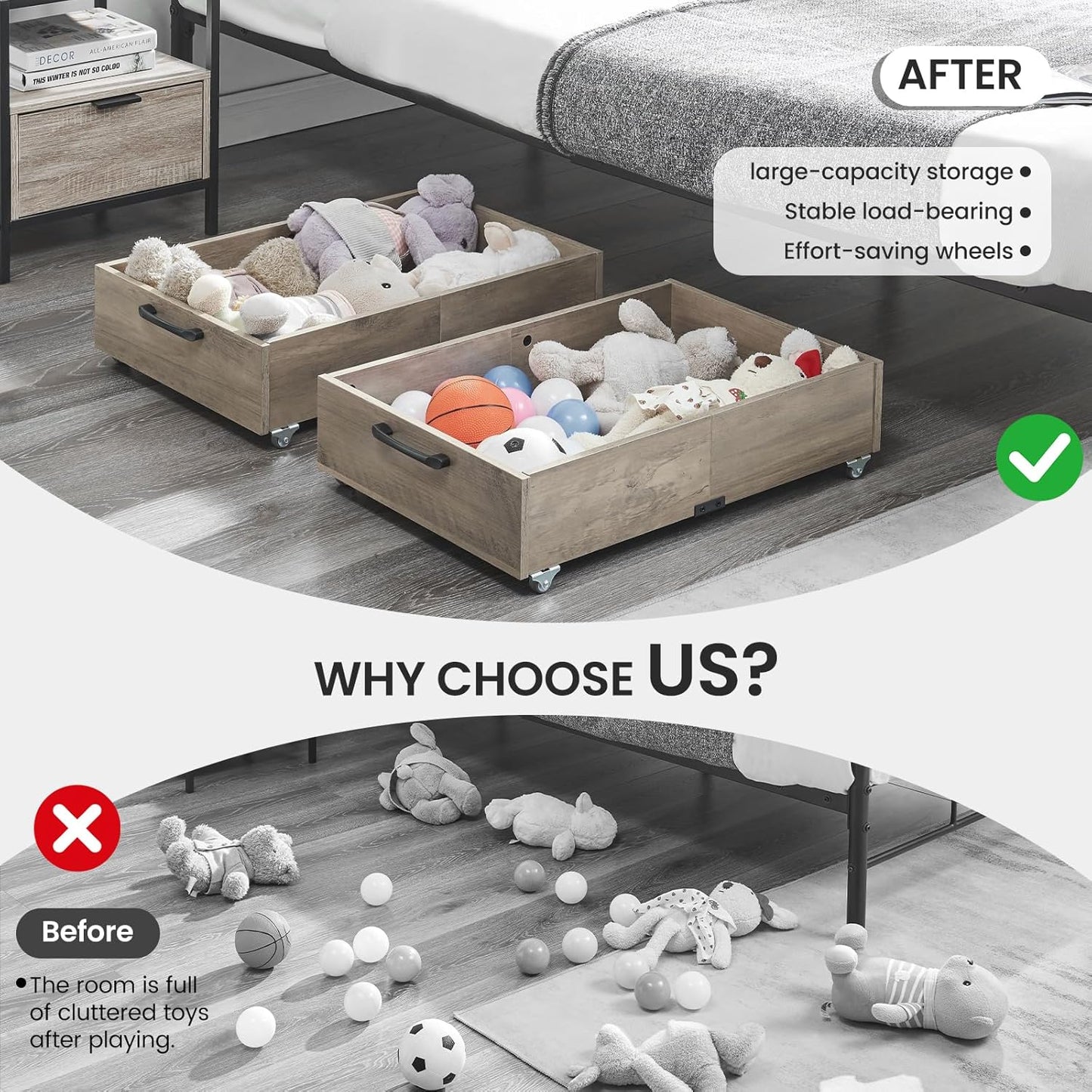 Under Bed Storage with Wheels, 2-Pack Under Bed Shoe Storage Organizer Drawer, Composite Wood Organizer for Shoes Clothes Containers in Bedroom for Clothes,Shoes(Grey)