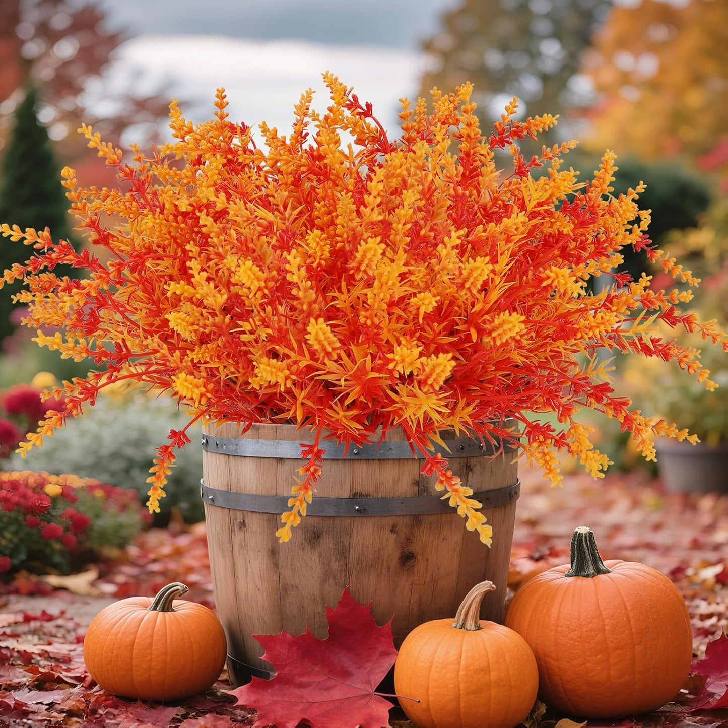 Geegoods 16 Bundles Artificial Fall Flowers Outdoor – Faux Lavender Flowers with Monkey Grass UV Resistant Plastic Faux Plants for Halloween Front Door Porch Patio Yard Balcony Decor, Orange Color