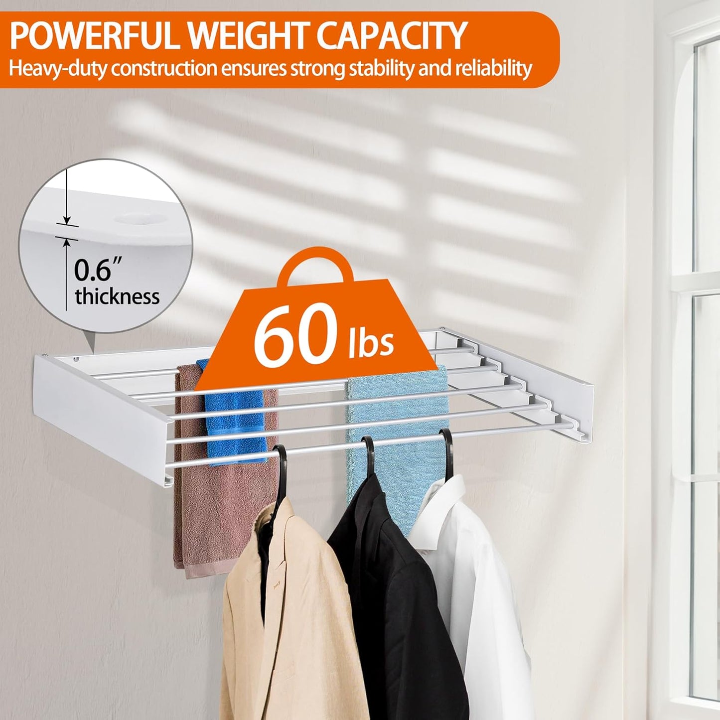 FOCHIER F Laundry Drying Rack Wall Mounted Clothes Drying Rack Collapsible with 4 Aluminum Rods and Drilling Template Long Screwdriver Bit 60 lbs Capacity (White, 23.6")