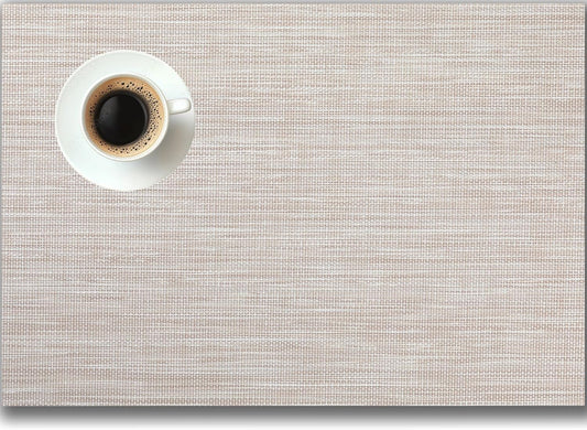 Placemats Set of 12 - Easy Clean Woven Vinyl Placemats for Dining Table, Indoor/Outdoor Place Mats, Washable PVC Table Mats（Beige）