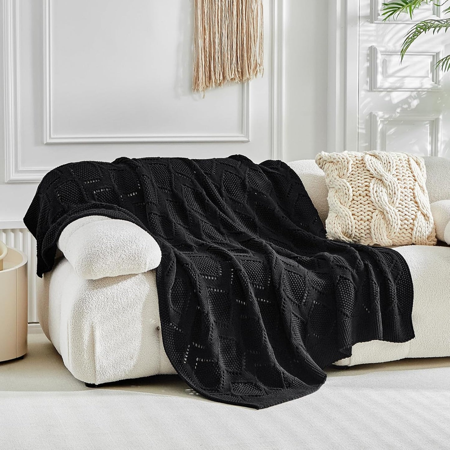 Longhui bedding Chunky Cotton Knit Throw Blanket for Couch, Sofa, Bed, or Chair, Decorative Breathable Fall Cable Knit Blanket 51 x 63 Inches, Medium Weight Black