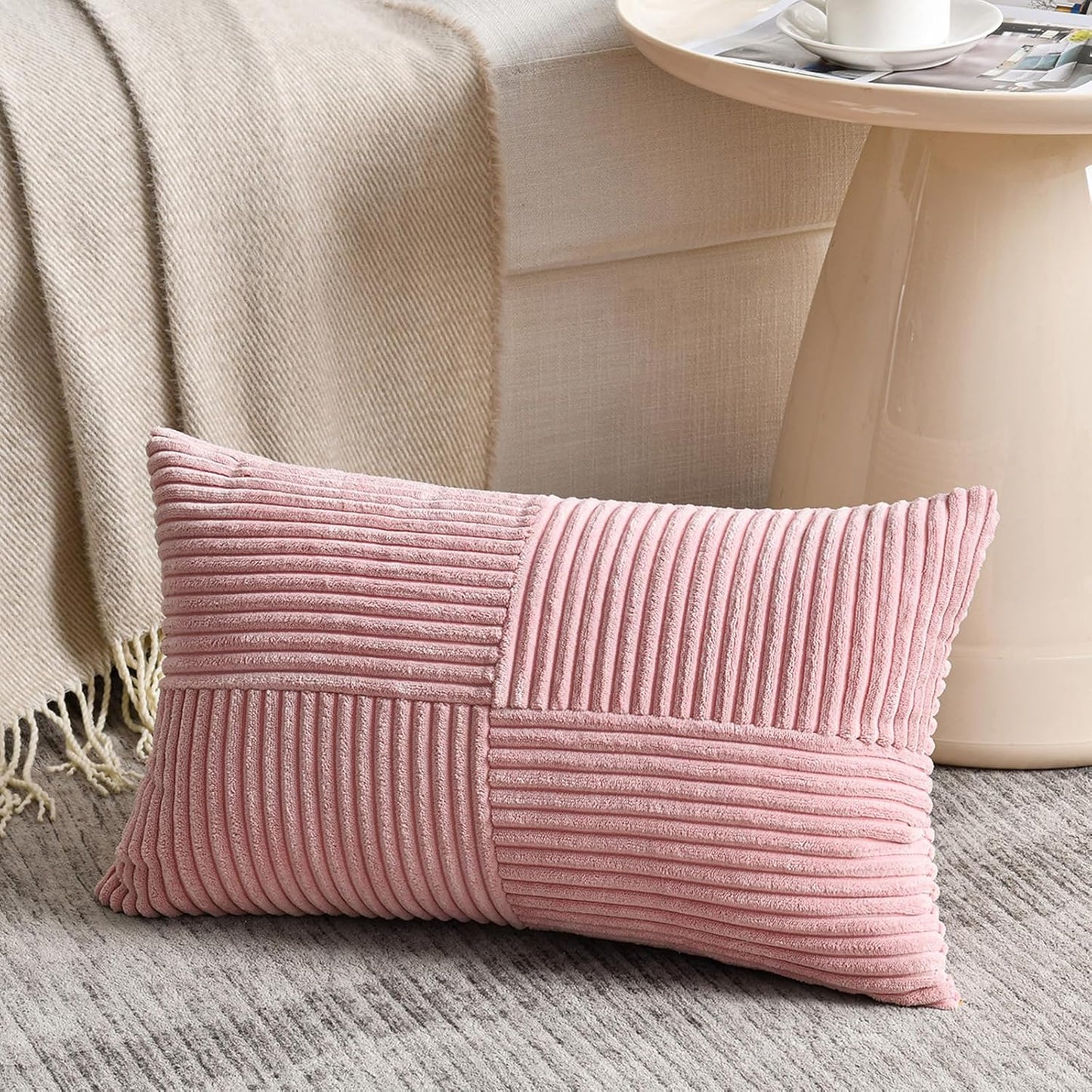 Fancy Homi 2 Packs Blush Pink Long Lumbar Decorative Throw Pillow Covers 16x24 Inch for Couch Bed Sofa, Rustic Farmhouse Boho Home Decor, Soft Striped Corduroy Rectangle Accent Cushion Case 40x60 cm