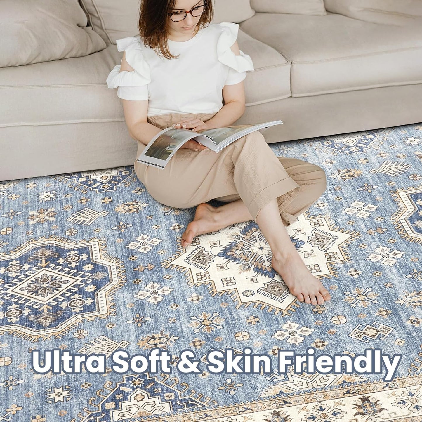 Washable Area Rugs for Living Room -8x10 Neutral Vintage Distressed Floral Farmhouse Boho Large Soft Floor Rug Indoor Non Slip Carpet for Living Room Bedroom Dining Room Office - Blue