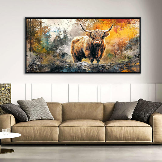 QZQCBLC Large Bedroom Canvas Wall Art, Retro Highland Cow Wall Pictures Modern Abstract Graffiti Forest Landscape Framed Paintings Artwork for Living room Kitchen Home Office Decor 24x48 IN